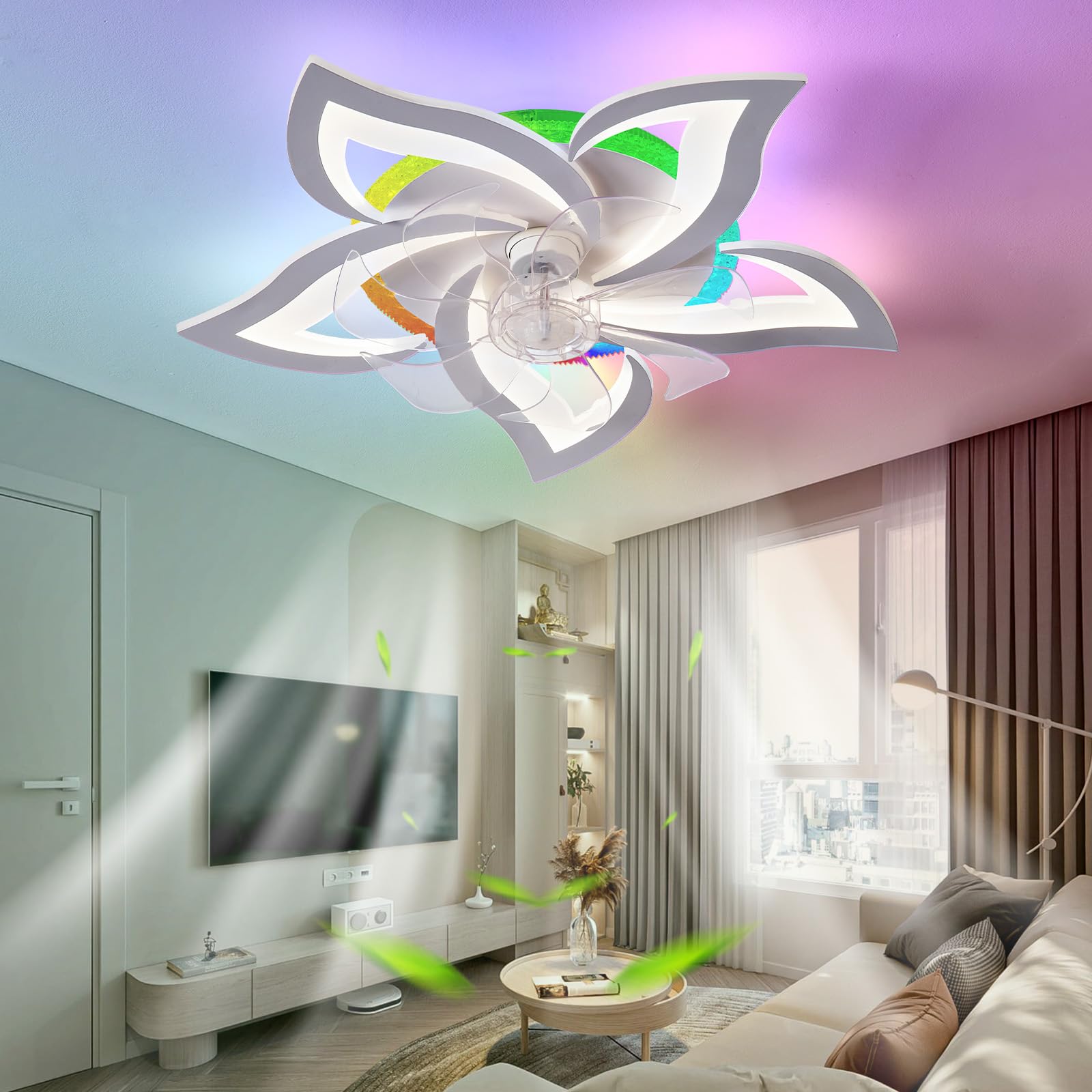 RGB Lampadario Ventilatore Dimmerabile 6 Velocità DC Smart Ventilatore Da Soffitto Con Luce E Telecomando Silenzioso Reversibile Plafoniera Con Ventilatore Bianco 7 Pale Per Soggiorno