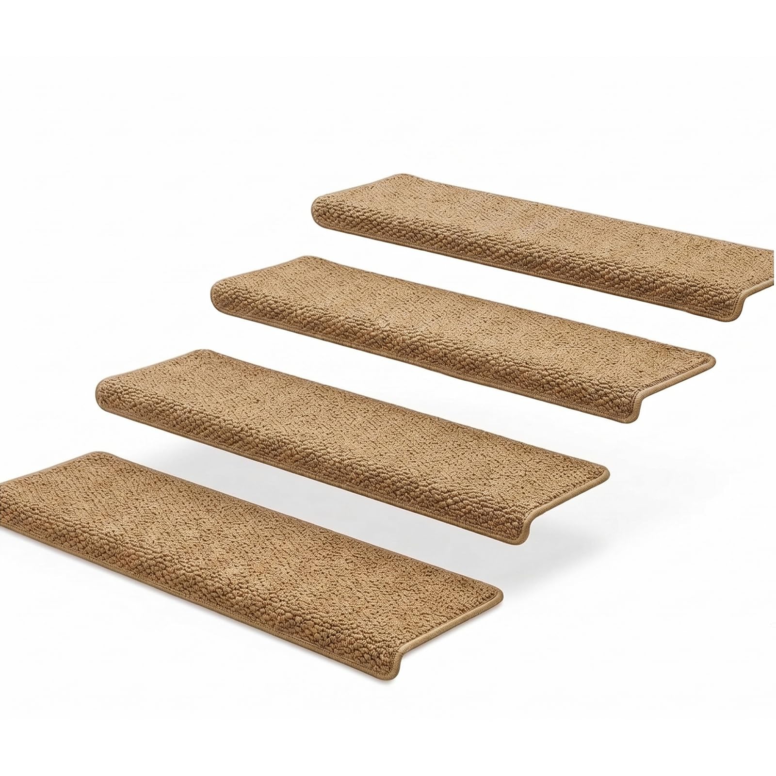 MBIGM Bullnose Carpet Stair Treads, Camel Knitted, 9.5" x 30", 14 Pack | Non-slip stair treads for wooden steps with 4-layer PP carpet, TPR adhesive