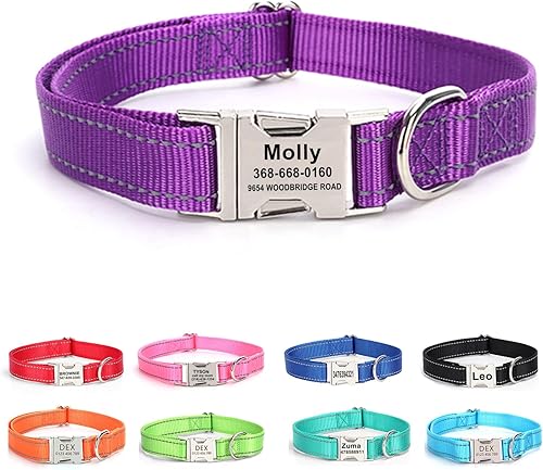 Vista 7 de Collar de perro personalizado con etiqueta de nombre, collar de nailon reflectante para mascotas, collares de perro con hebilla grabada