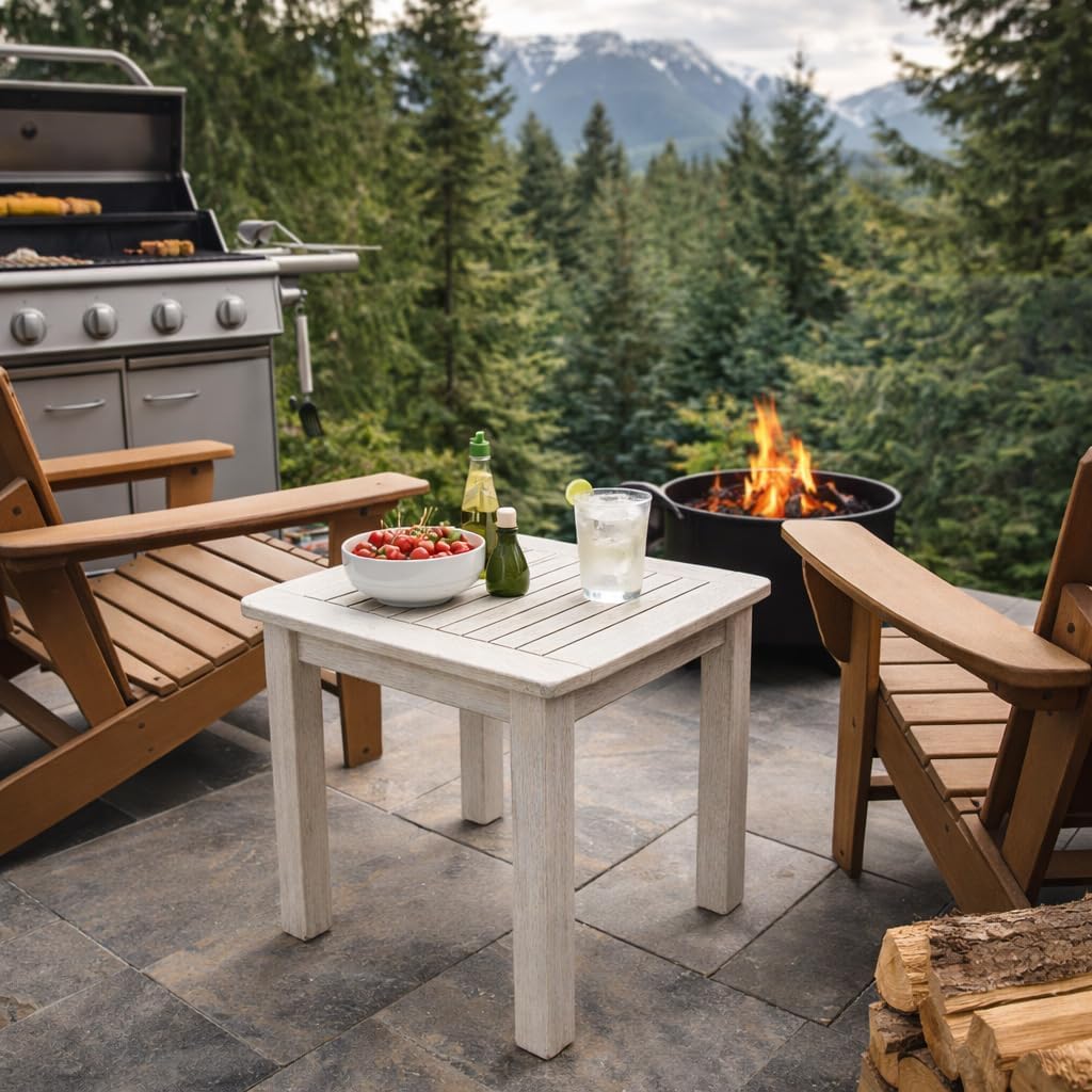 CorLiving Miramar Contemporary White Washed Solid Wood Outdoor Side Table