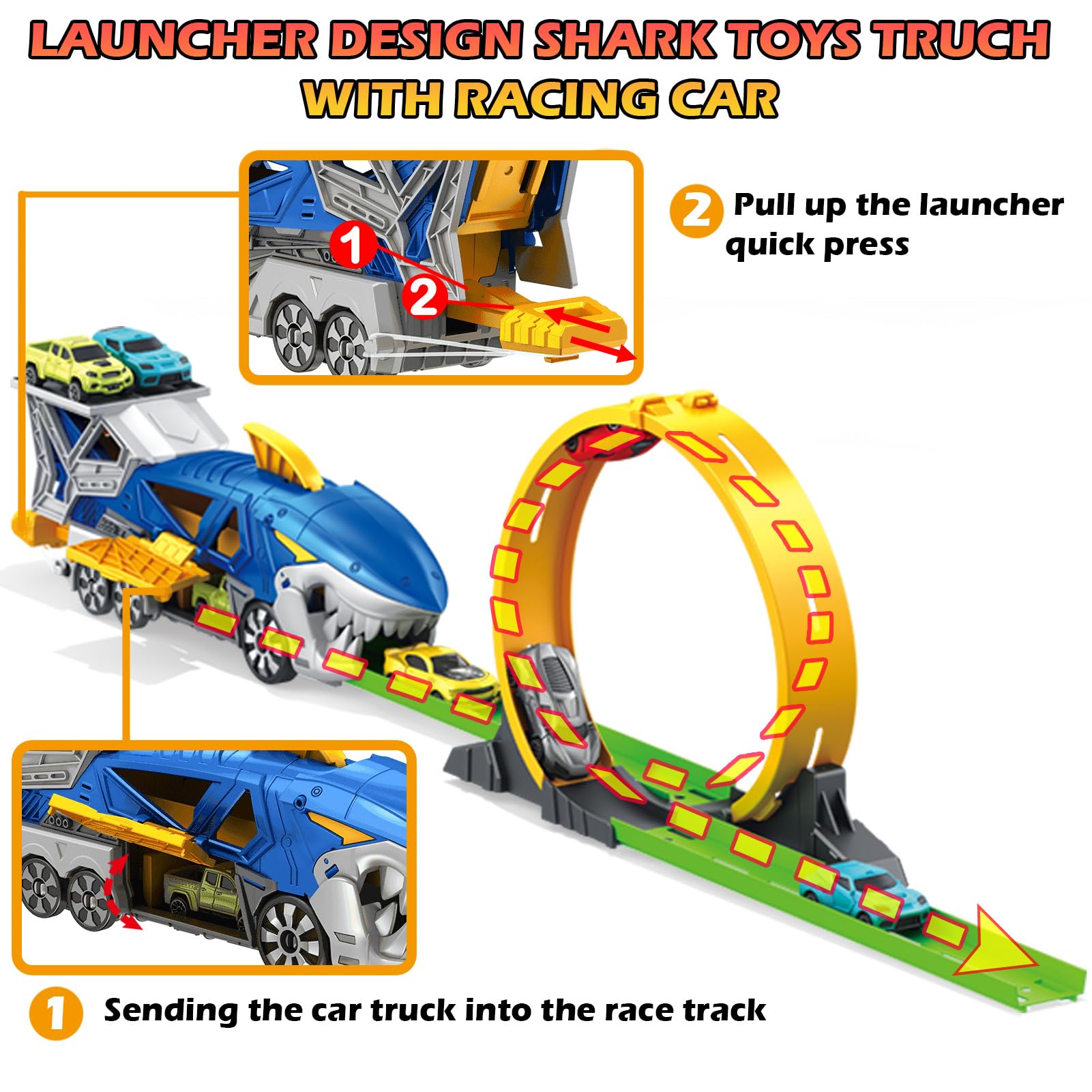 Juego de coches de carreras de tiburones con camión transportador, pista de bucle y lanzador – Vehículos de carreras a escala 6 x 1:64, juguetes STEM para niños de 3 a 12 años, montaje 5