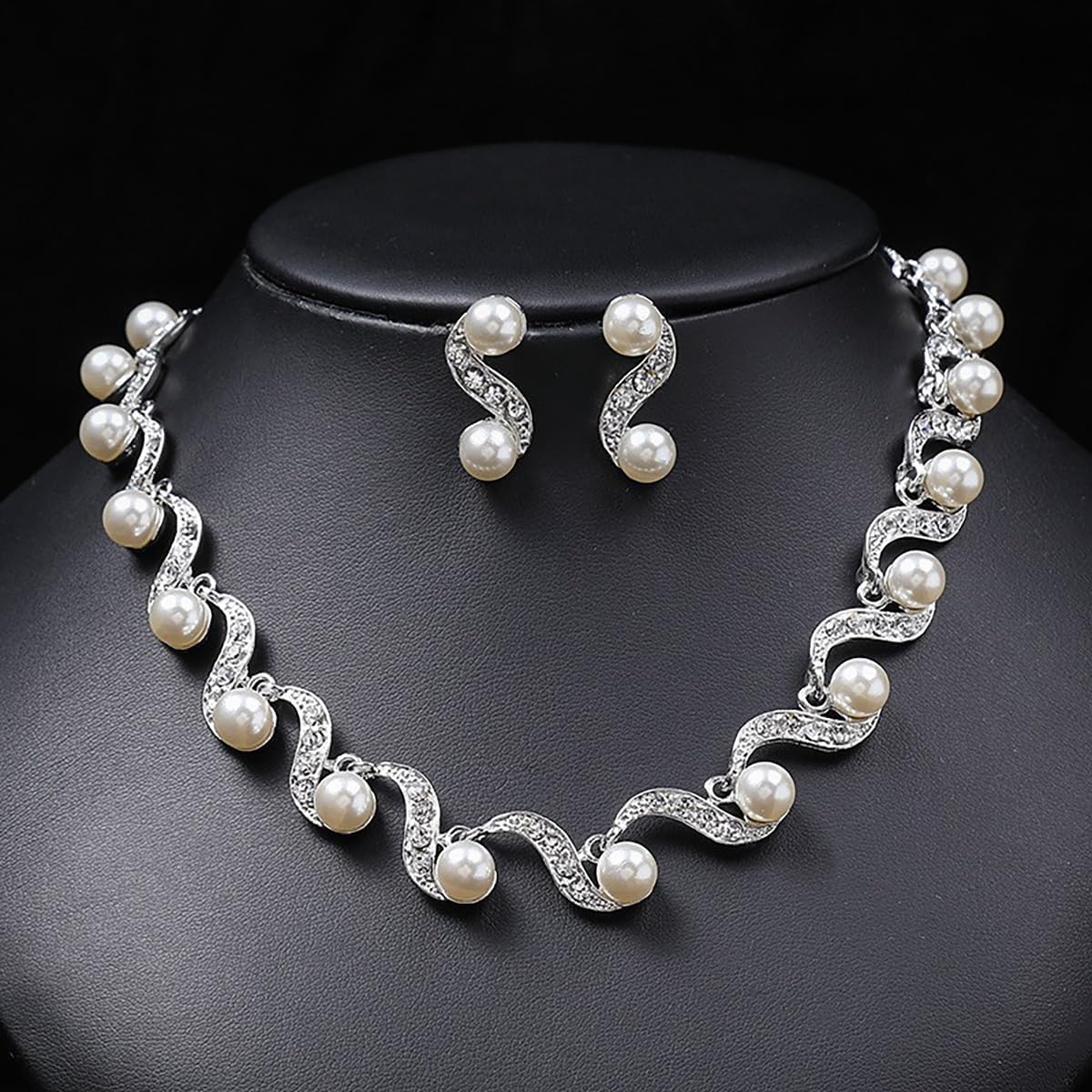 FUTIMELY Rhinestone Pearl Bridal Necklace Earring Set Silver Crystal Brida Choker Necklace Wedding Party Prom Birthday Dance Jewelry Set Bride Bridesmaid Jewelry Accessories for Women (Silver) - Image 2