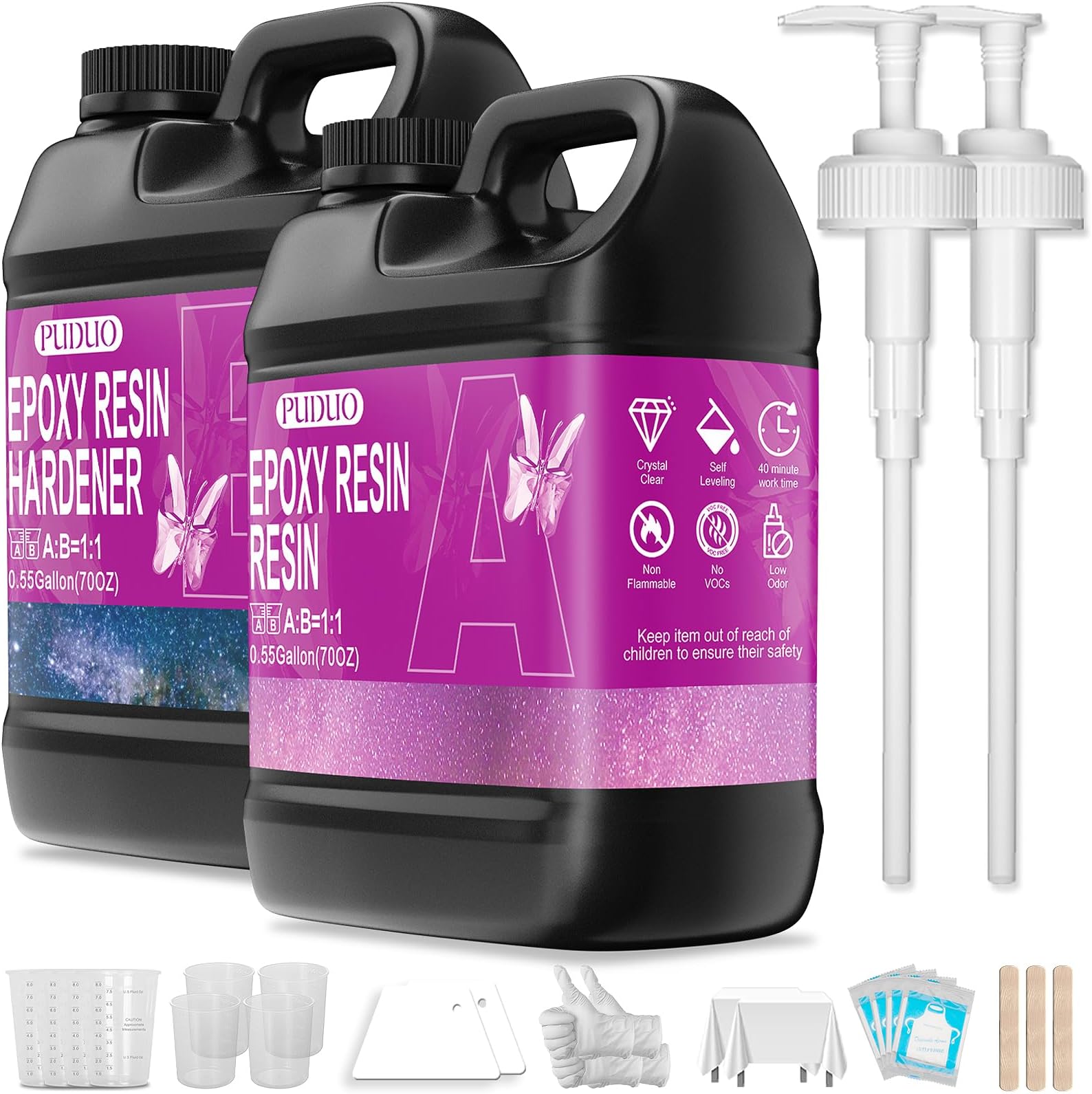 - Puduo Epoxy Resin Kit 1.1Gallon，Newly Formulated Crystal Clear Epoxy Resin，Strong, Bubble-Free, Anti-Yellowing Art Resin that，Suitable for Casting, DIY, Resin Art, Molds, Easy to Mix 1:1 Ratio