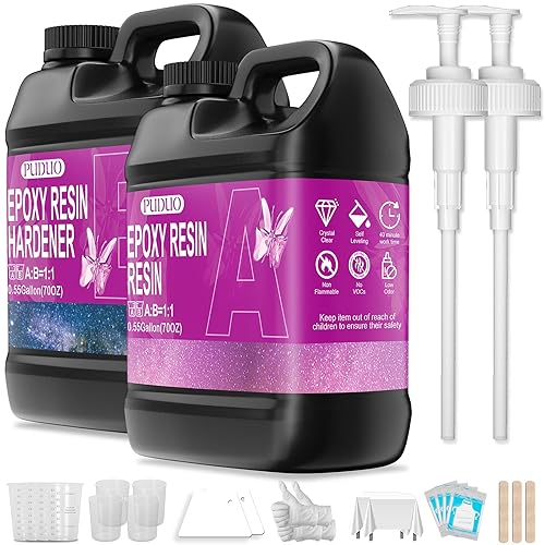 Puduo Epoxy Resin Kit 1.1Gallon，Newly Formulated Crystal Clear Epoxy Resin，Strong, Bubble-Free, Anti-Yellowing Art Resin That，Suitable for Casting, DIY, Resin Art, Molds, Easy to Mix 1:1 Ratio - 1.1 GALLON