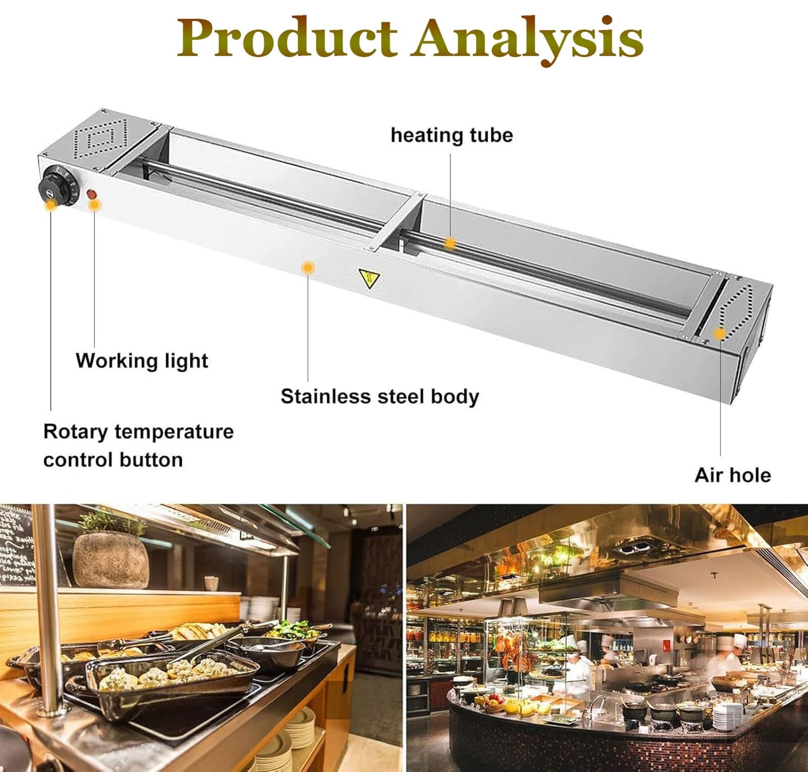 Lampada scaldavivande Commerciale, Lampada scaldavivande sospesa per Buffet, Catering, scaldavivande in Acciaio Inossidabile per Piatti, pietanze, Alimenti (35°C-85°C)(120x15x6.5CM)