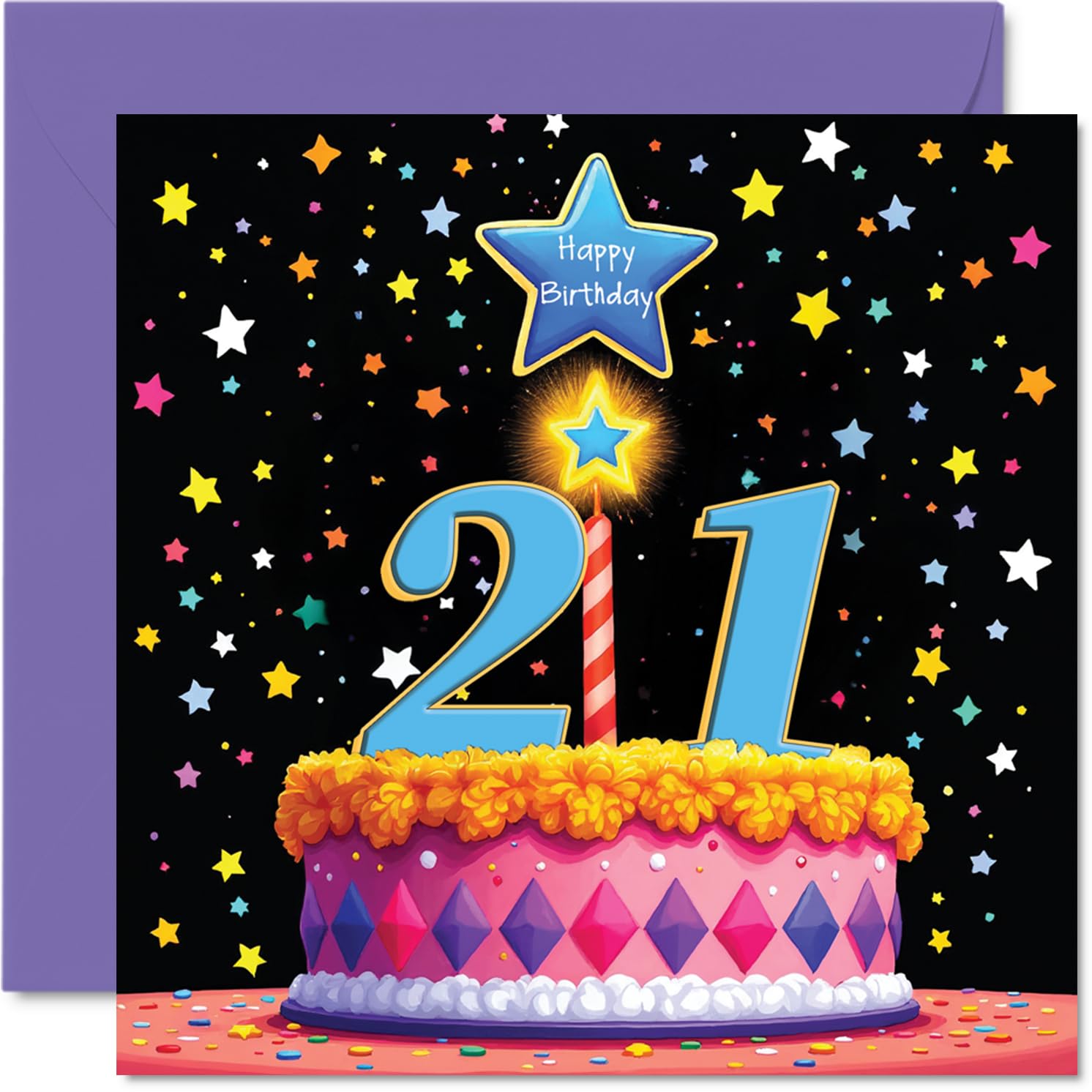 21st Birthday Cards for Women and Men, Pink Cake & Stars
