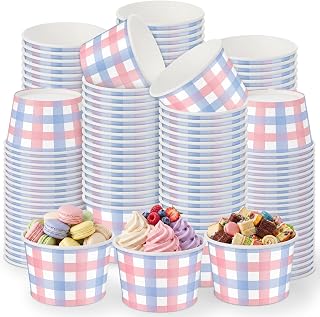 Maxdot 50 Pcs Gingham Ice Cream Paper Cups 9oz Pink and Green Checkered Disposable Snack Cups Decorative Paper Dessert Bowls Yogurt Cupcakes Hot and Cold Food Wedding Birthday Baby Shower Decorations