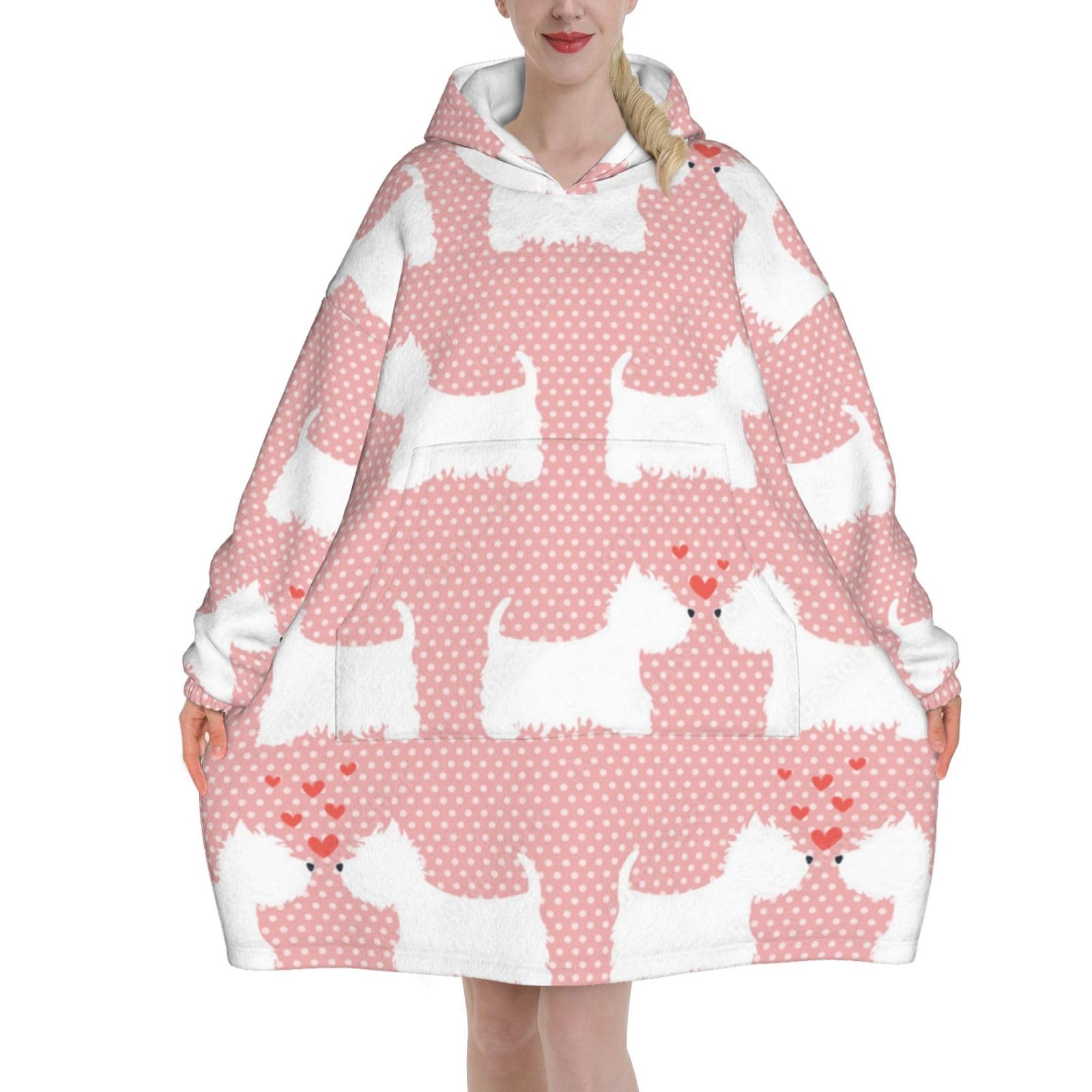 Yxdvpalne Unisex As Picture Westie Dogs Pattern Oversized Women's Wearable Blanket Hoodie, Flannel Pullover Blanket, Blanket Sweatshirt