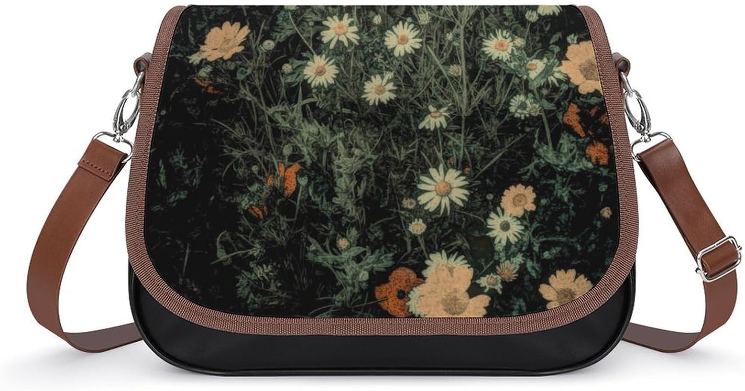 Bohemian White Daisy Wildflower Black FloralWomen's Faux Leather Crossbody Bag, Waterproof Wrinkle-Resistant Shoulder Bag with Detachable Strap, Large Capacity Casual Handbag, Fashion Daily Purse for