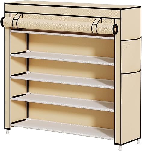 Miniatura 6 de Calmootey Zapatero organizador de 5 niveles para 25 pares, estante portátil para zapatos con cubierta de tela no tejida para armario, pasillo,
