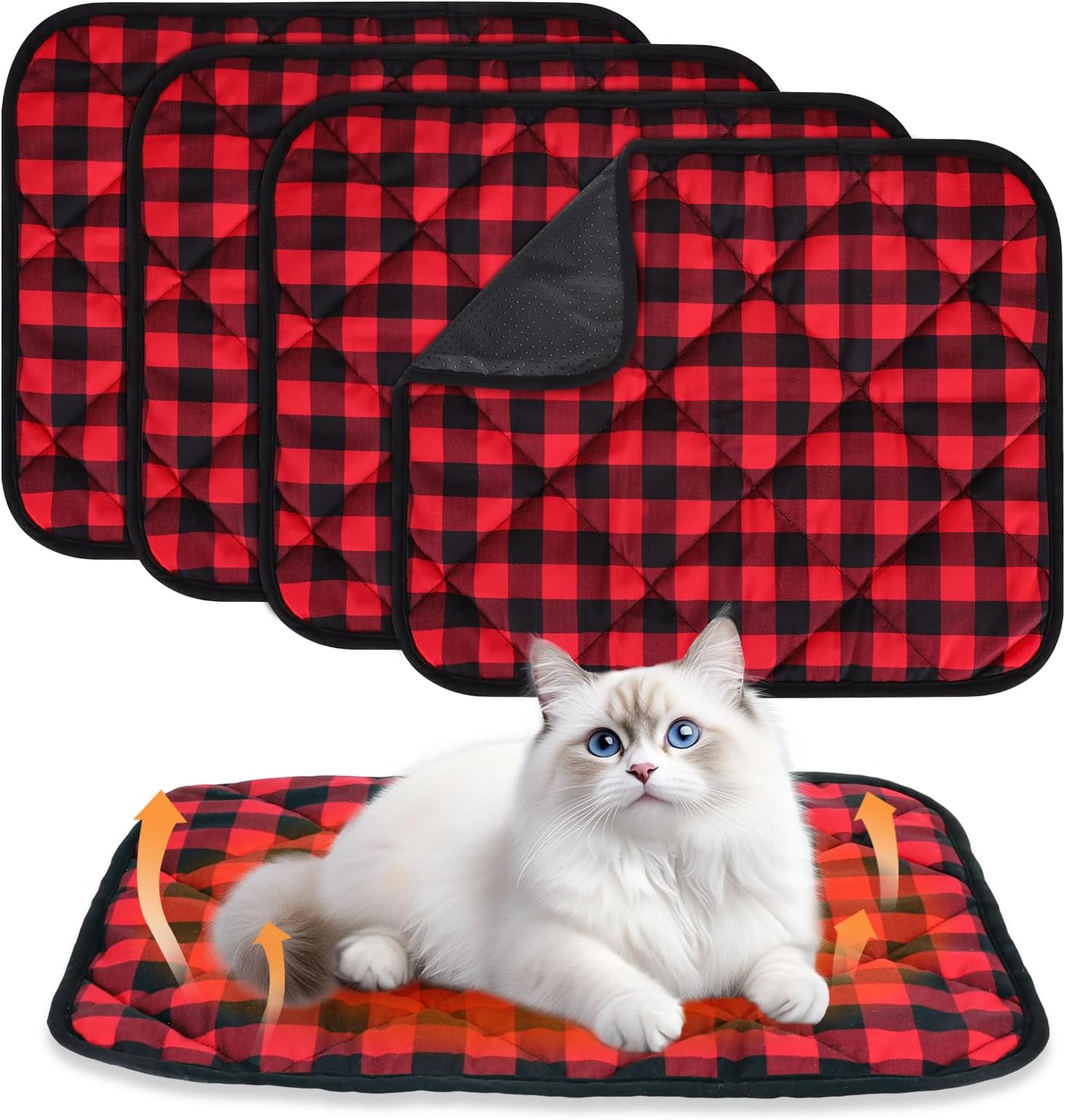 4 Pack Self Warming Cat Beds, 16" x 20"Self Heating Pad with Christmas Red Buffalo Plaid, Thermal Pet Blanket with Non-Slip Bottom, Self Warm Cat Mat for Indoor Outdoor, Reflects Body Heat