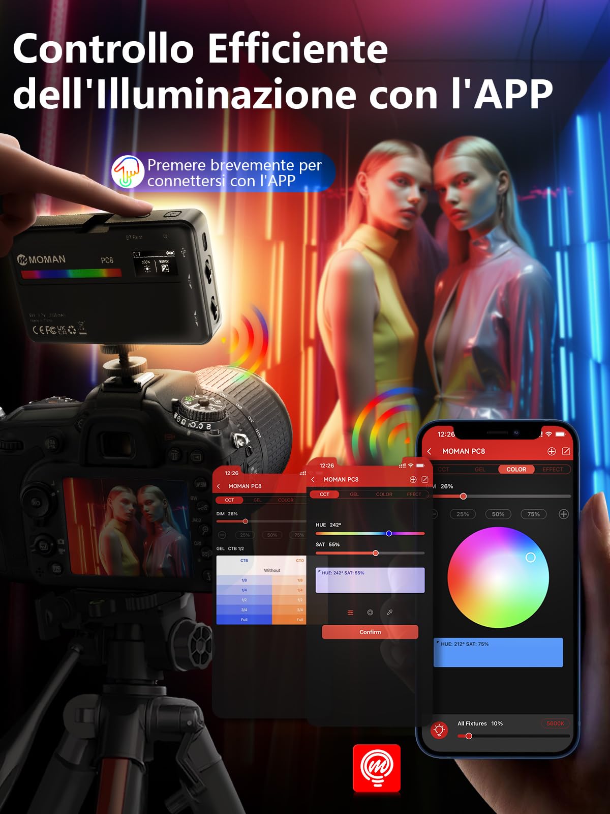 Moman PC8 Luce Video Professionale RGB Pannello LED 3100mAh con App Control, 13 Effetti Luce per Fotocamera/Streaming/YouTube