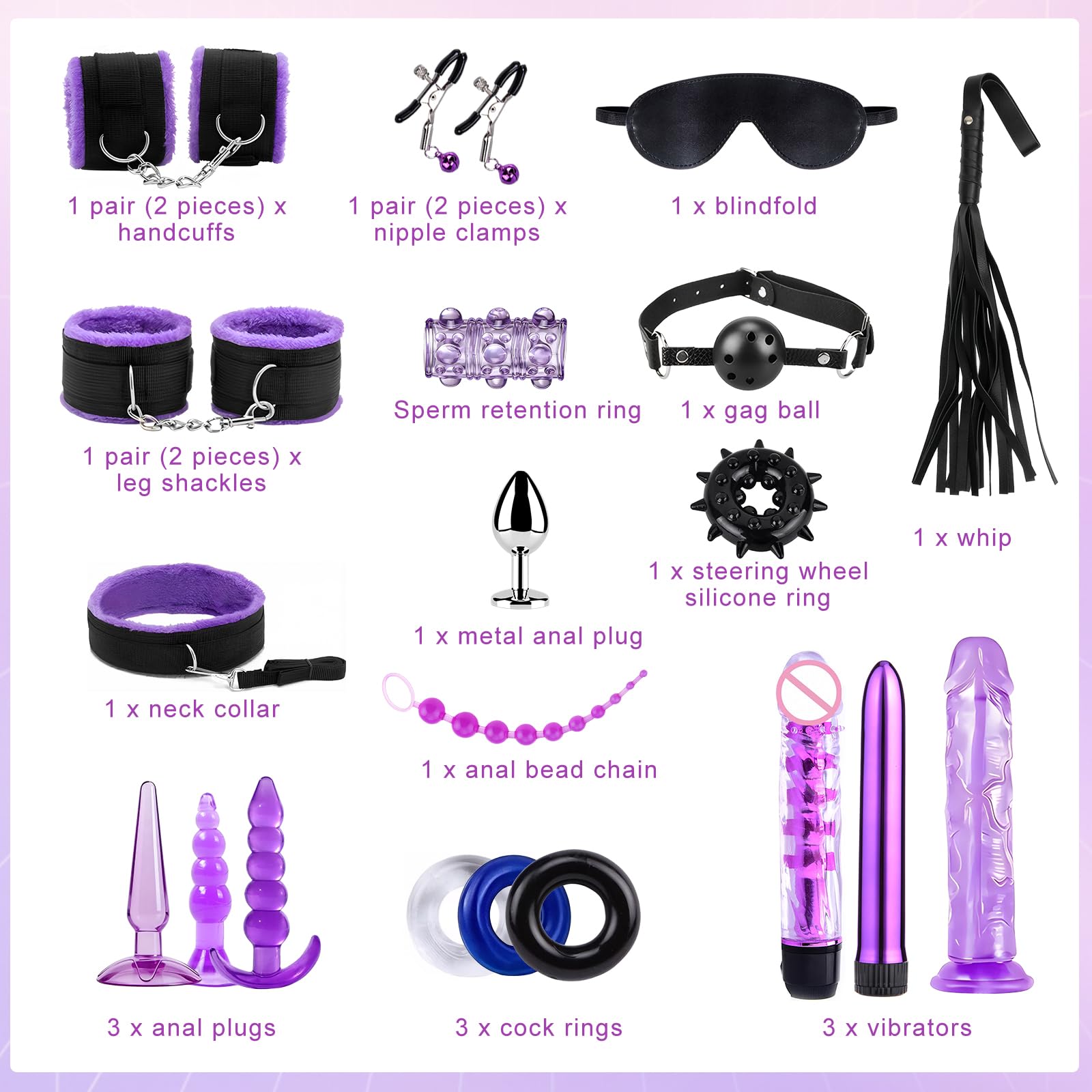 Kit de Bondage kit BDSM 15 pièces, Accessoire Ensemble de Bondage pour Couples Kit de Contention pour Débutants Un Kit Essentiel pour des Moments Intimes entre Hommes et Femmes.Violet