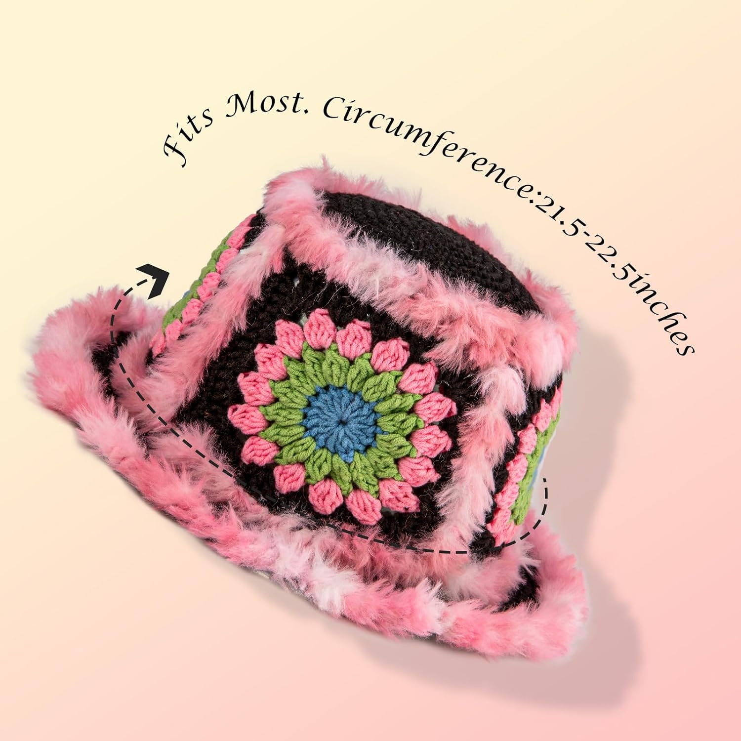 Noocro Crochet Kit for Beginners or Intermediate Level, Fuzzy Granny Square Bucket Hat, Step by Step Video Tutorial, Detailed Instruction Complete Kit Craft Supplies Holiday Gift (Black Pink)