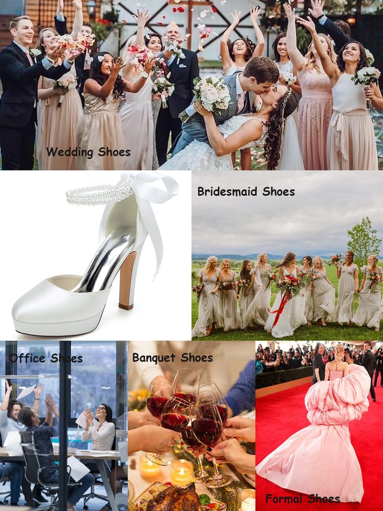 Mujer Zapatos De Plataforma De Boda para Novia Punta Cerrada Perlas Y Correa En El Tobillo Zapatos De Salón para Vestido De Fiesta