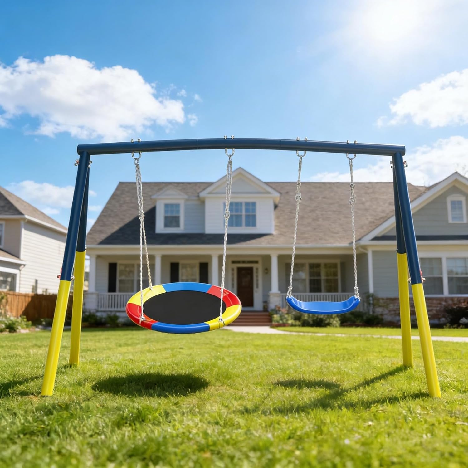 Swing Sets for Backyard 440lbs Capacity Swing Set with Heavy-Duty A-Frame Metal Stand, Outdoor Playset with 1 Saucer Swing & 1 Belt Swings Blue