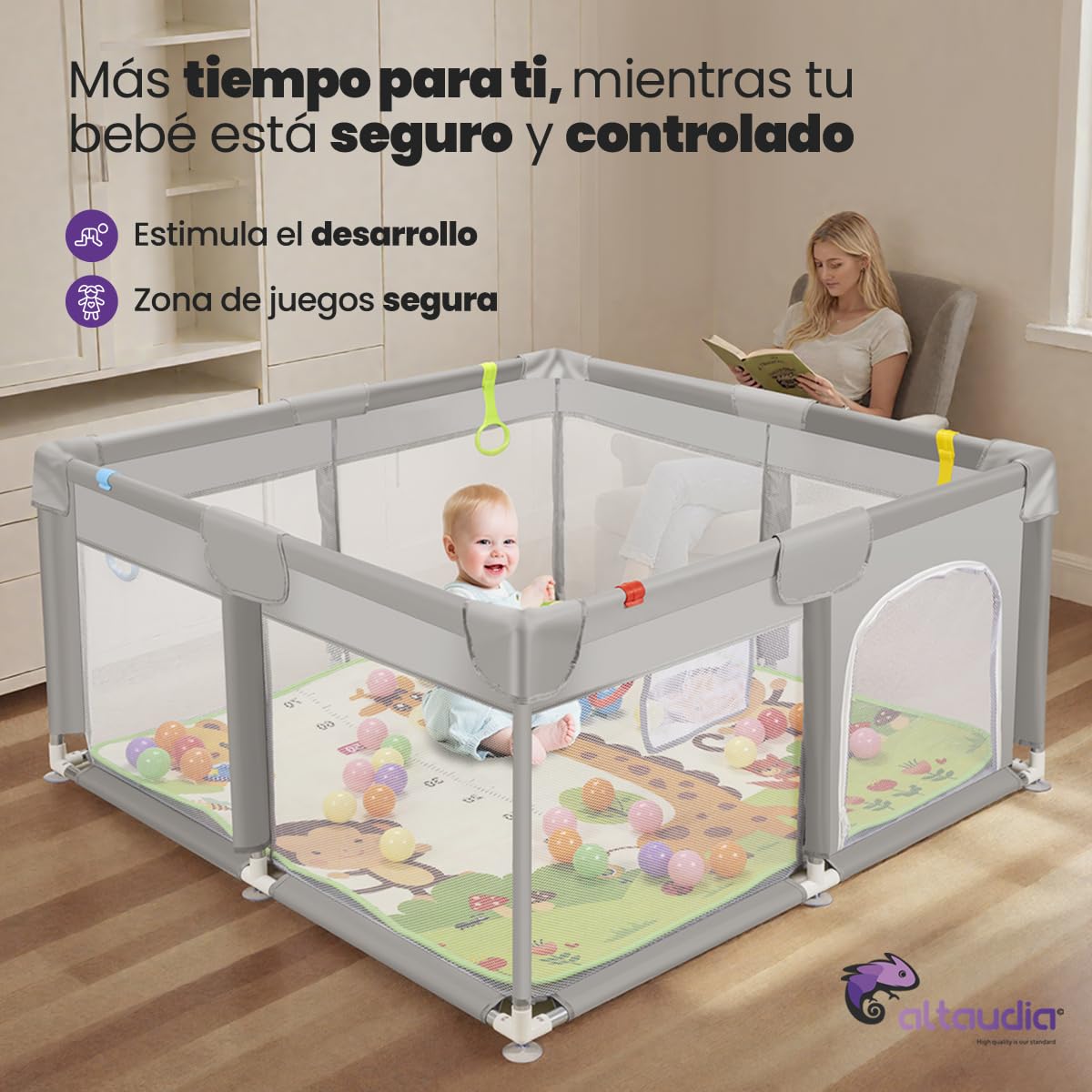 Parque Infantil Bebe 120x120cm + Alfombra Bebe + 50 Bolas + Bolsas de Transporte – Corralito Bebe con Malla Transpirable – Parque de Juegos Divertido para Bebe - Gris (120 * 120)