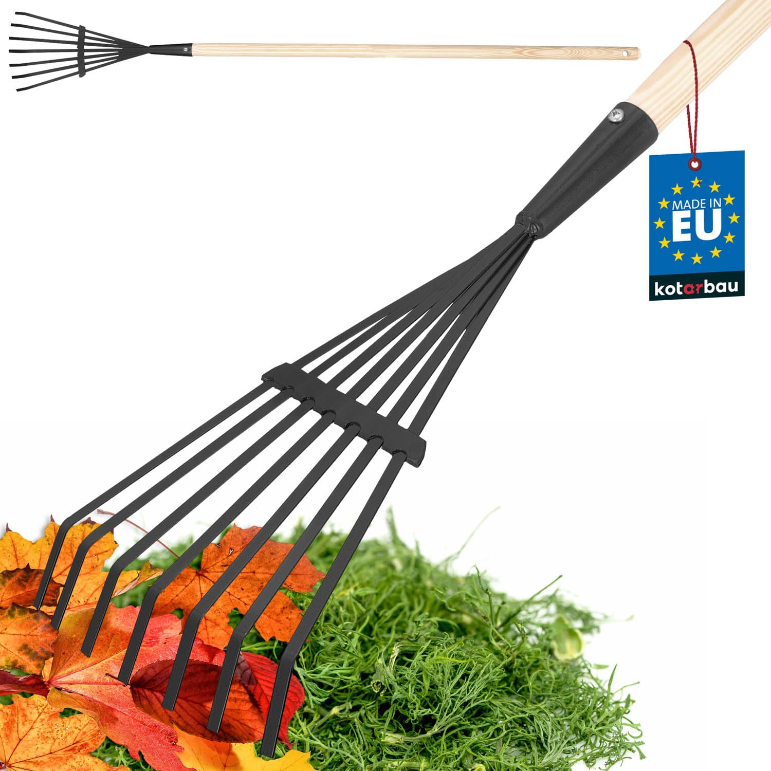 KOTARBAU® Rateau à Feuille - Acier - 14 cm - Râteau Jardin- avec Manche - 108 cm - Ramasse Feuille - Outil Robuste pour Gazon et Feuilles - Noir et Bois Naturel