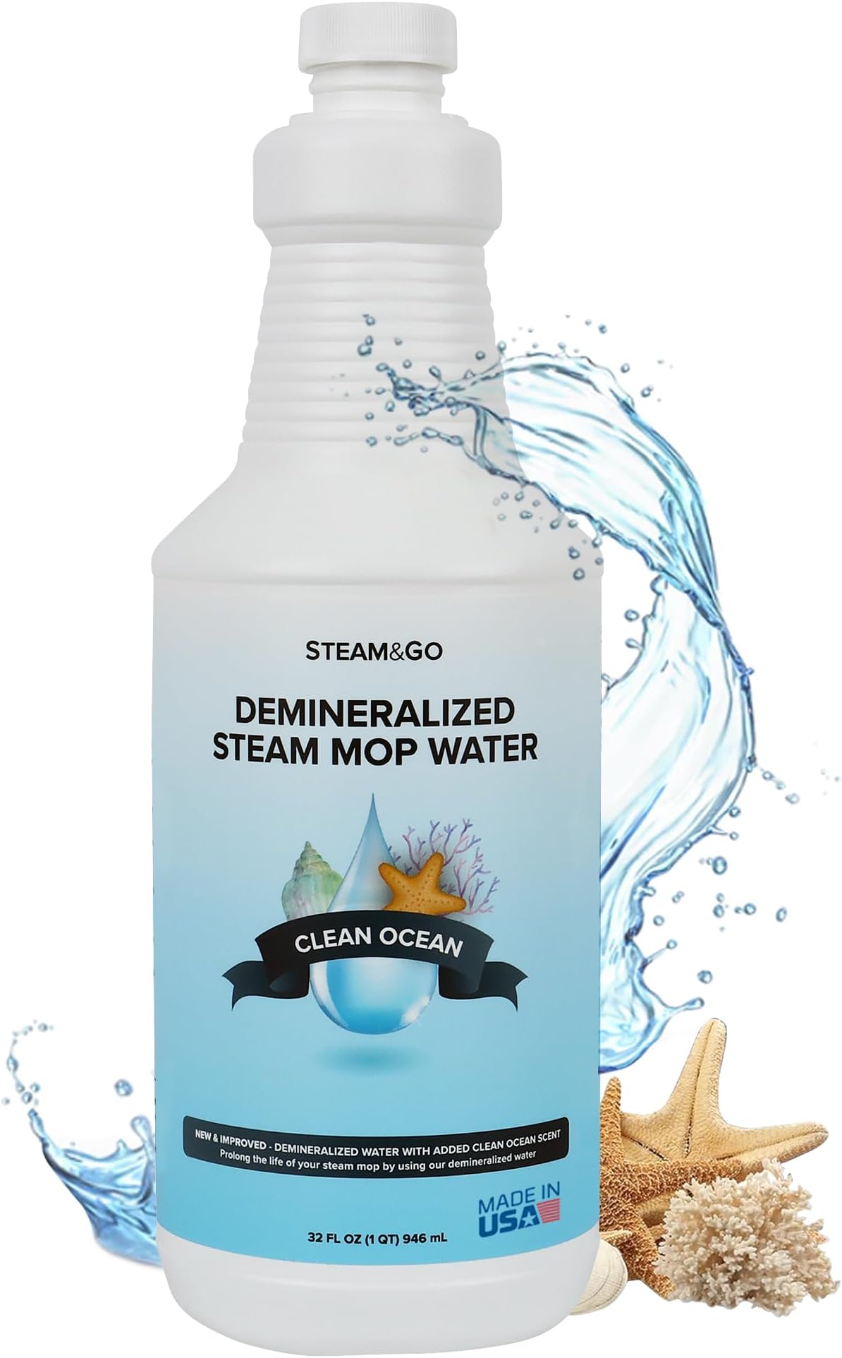 Steam & Go Demineralized Water - Multisurface Cleaner, PVC-Free Ready-to-Use for Mops & Floor Steamers - Ideal for Kitchen, Bathroom, & Home Surfaces - Clean Ocean Scent - 32oz (Pack of 1)