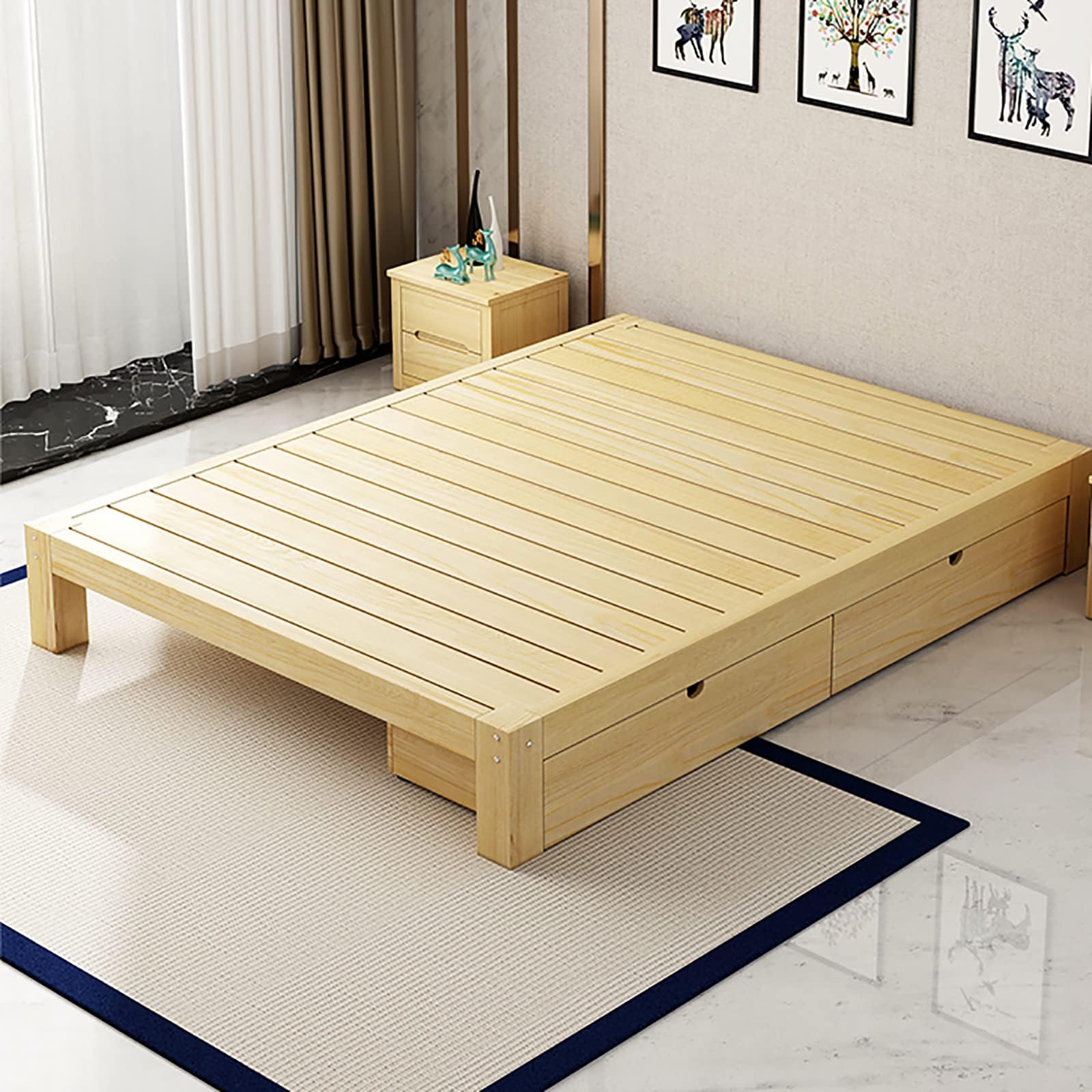 Scandinavian Bed Frame with Storage Drawer - Solid Wood Japanese Platform Floor Bed for Wooden Bedroom Frame, 12 Tall