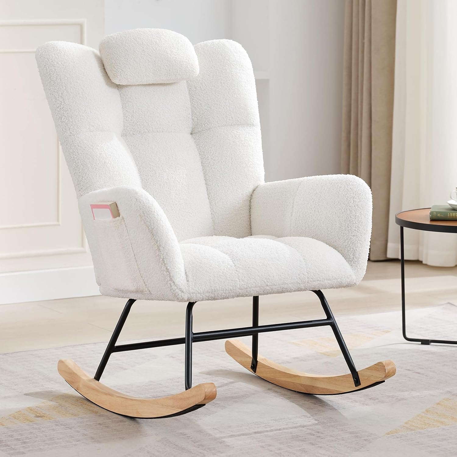 Teddy Glider Rocker, Nursery Nursing Chair for Adults, Compact Space-Saving Rocking Chair for Living Room, Bedroom & Small Spaces,Beige