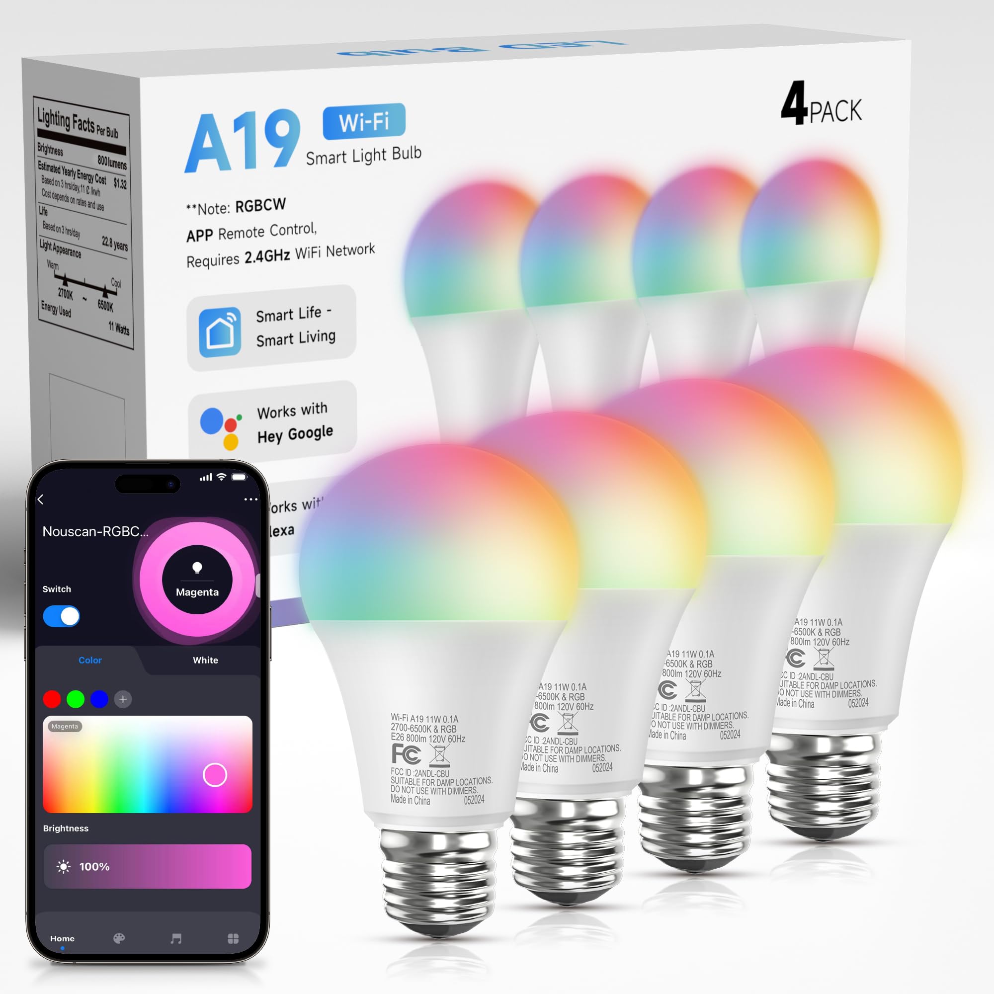 Echo Show 4-Pack Smart Bulbs 100W Equivalent RGB Color Changing