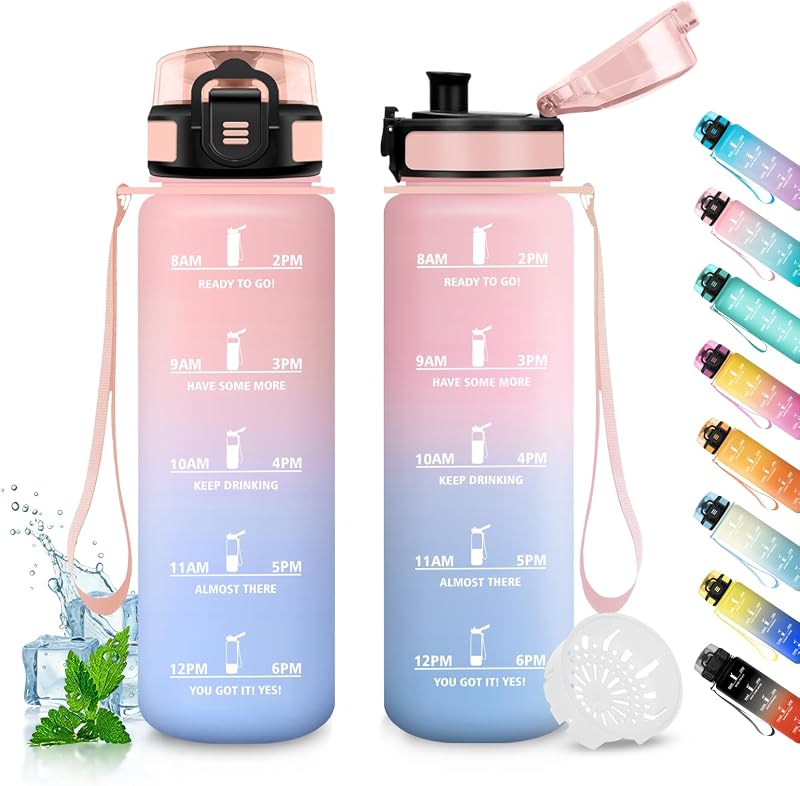 Borraccia 500ml, Indicatore del Tempo, senza BPA, a Prova di Perdite, 1 Clic Aperto, Borraccia Motivazionale per Sport, Ciclismo, Campeggio, Scuola