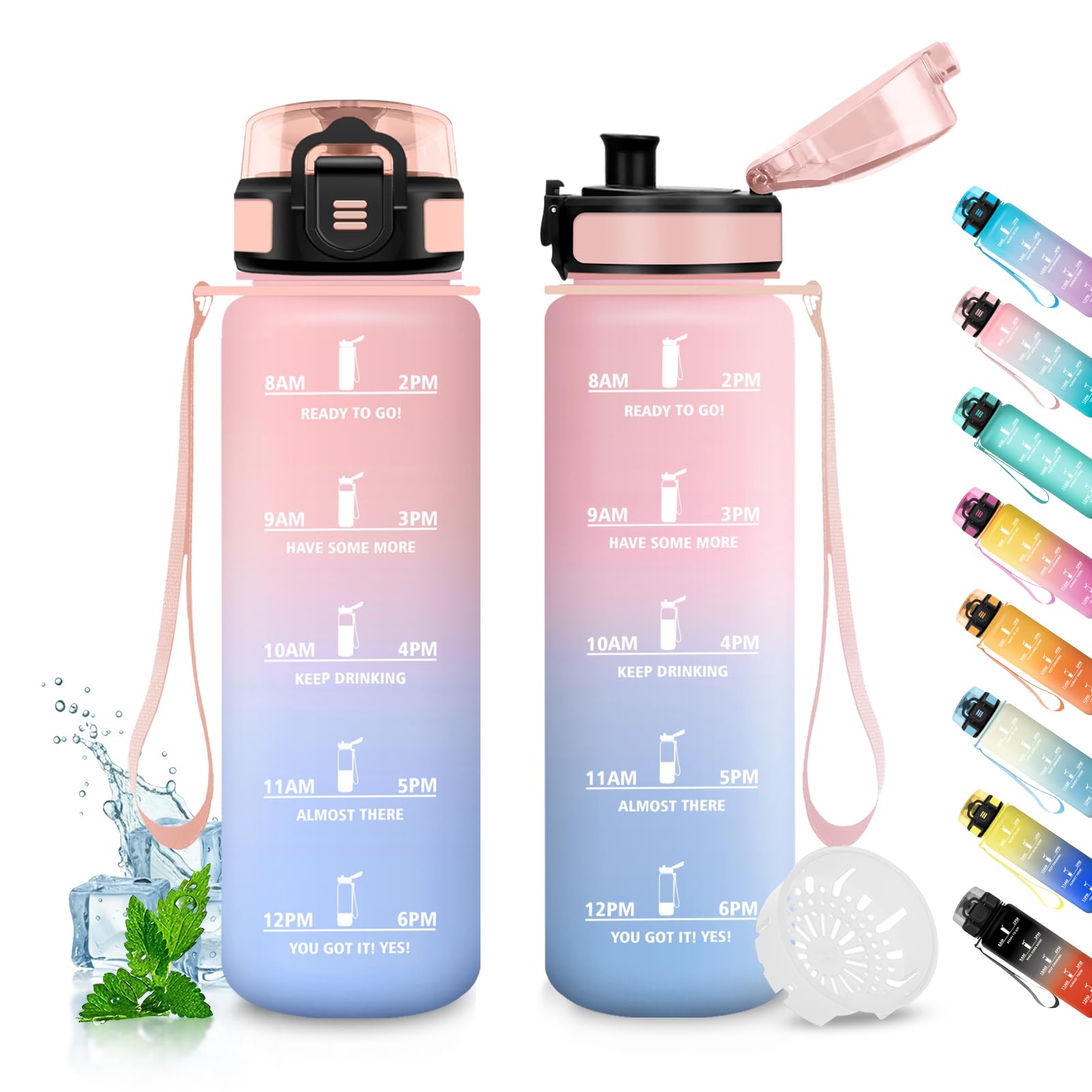 Borraccia 500ml, Indicatore del Tempo, senza BPA, a Prova di Perdite, 1 Clic Aperto, Borraccia Motivazionale per Sport, Ciclismo, Campeggio, Scuola - 1