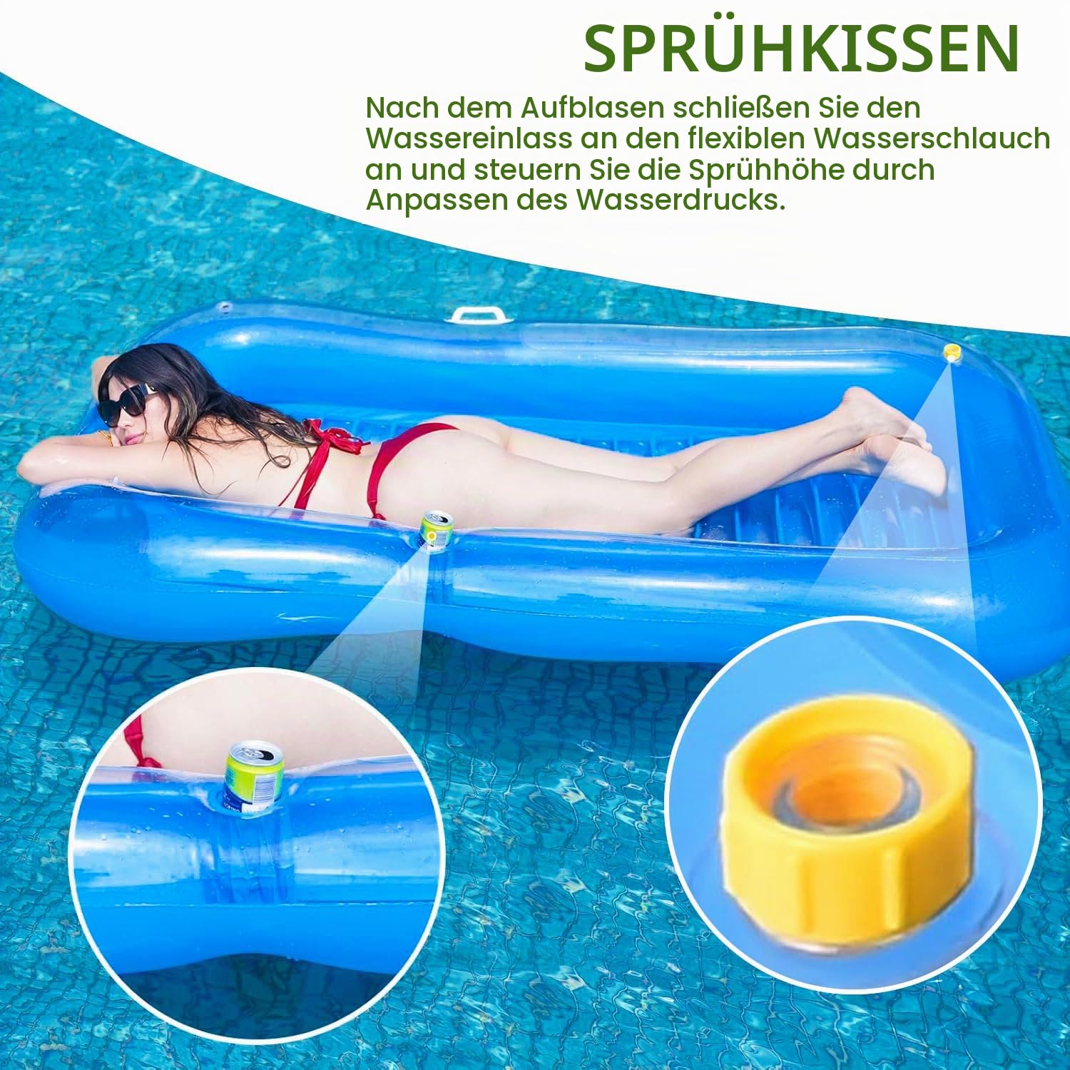 Luftmatratze Pool Erwachsene,Aufblasbarer Sonnenpool mit Getränkehalter,Griff und Rückenlehne,Luftmatratze Wasser mit Eingebautem Sprinkler,Wasserspielzeug für Erwachsene Pool Strand Sommerspaß