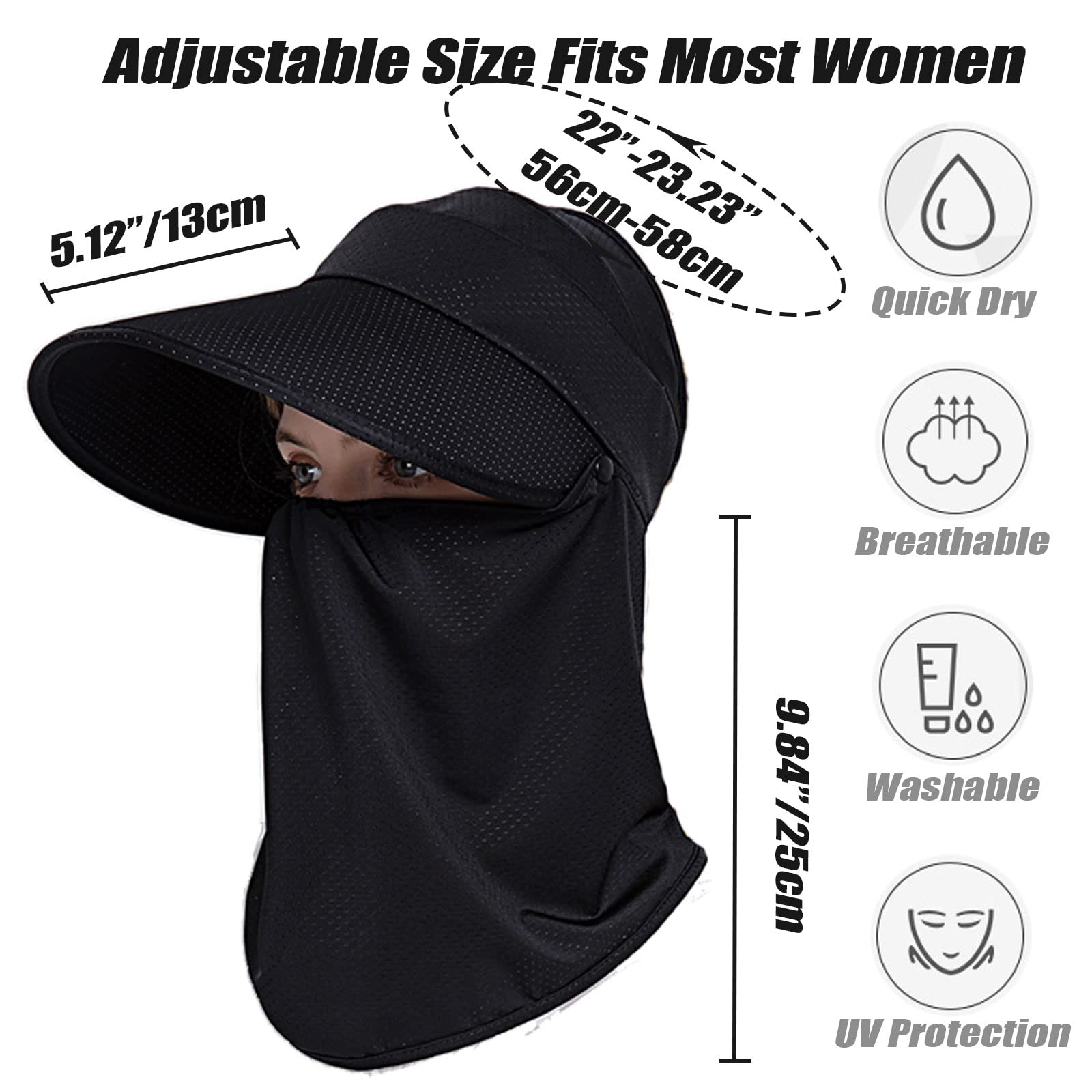 Women Wide Brim Cap for Cycling Hiking Breathable UV Protection Ice Feeling Sun Hat with Removable Neck Flap & Ponytail Hole (Black)