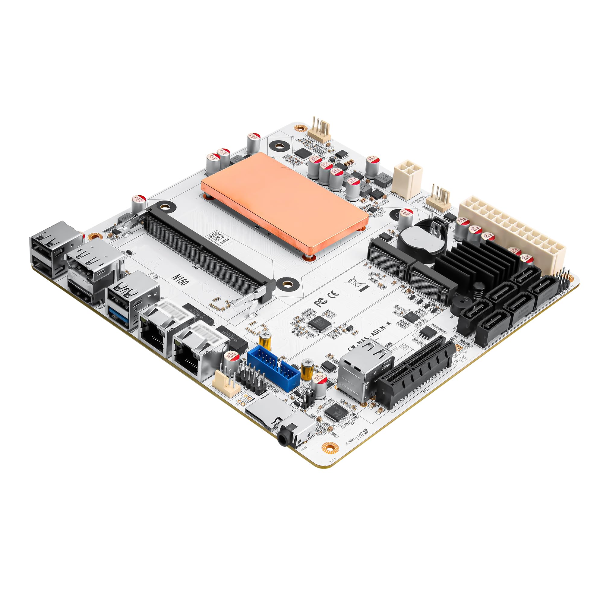 CWWK N150 Mini ITX NAS Placa Base, 6-Bay, Blanco, PCIe 3.0 x4 Slot, 2X NVMe | M2 Motherboard 4C/4T, 2x 2.5GbE i226-V LAN, TF, HD2.0, DP1.4, 6x SATA3, para Virtualización, NAS, Firewall, Home Lab