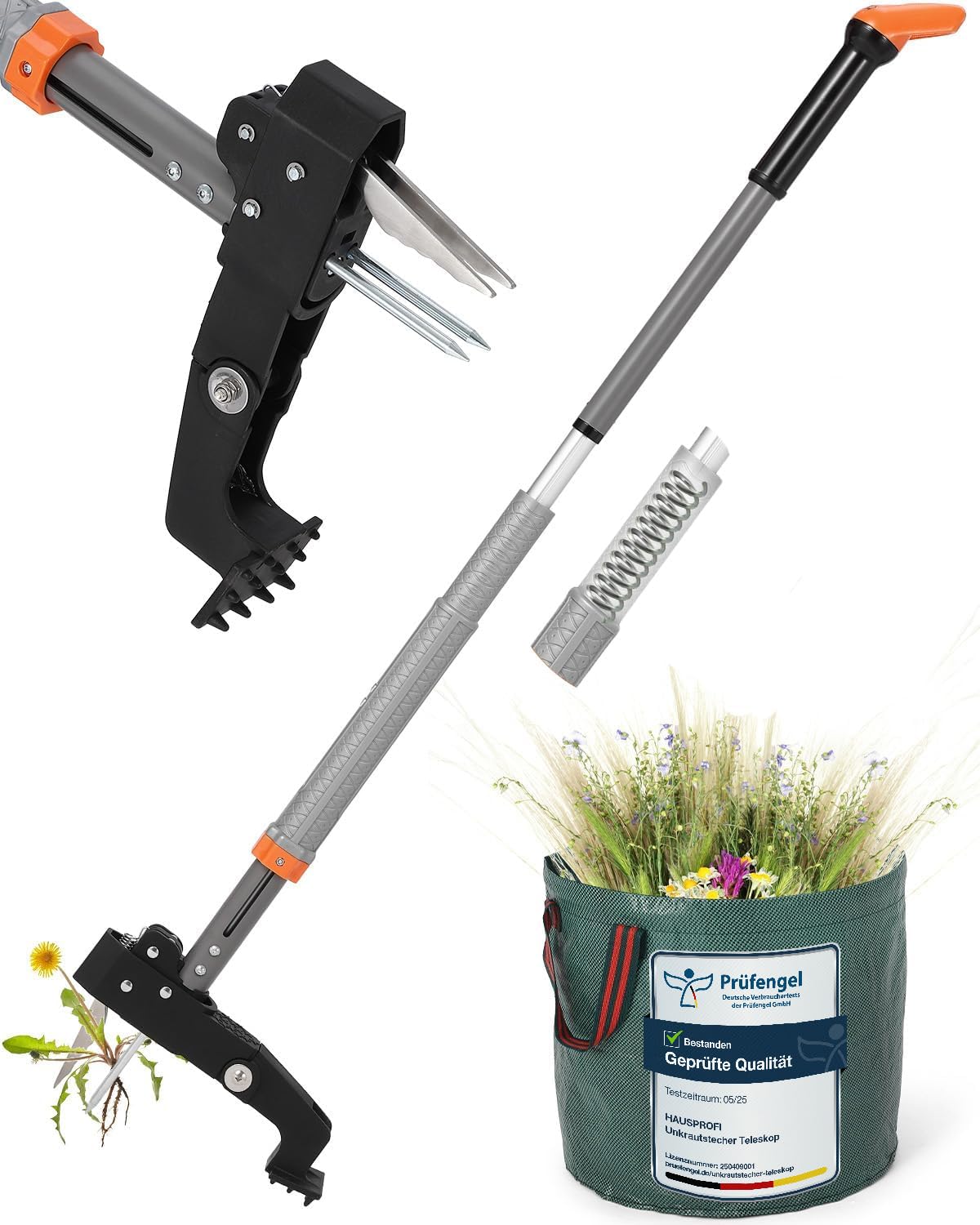 HAUSPROFI Unkrautstecher mit Stiel Teleskop (Länge 91 CM-117 cm) + 50L Gartensack, Unkrautausstecher mit 4 Edelstahl Krallen, Automatisches Zurückspungsdesign