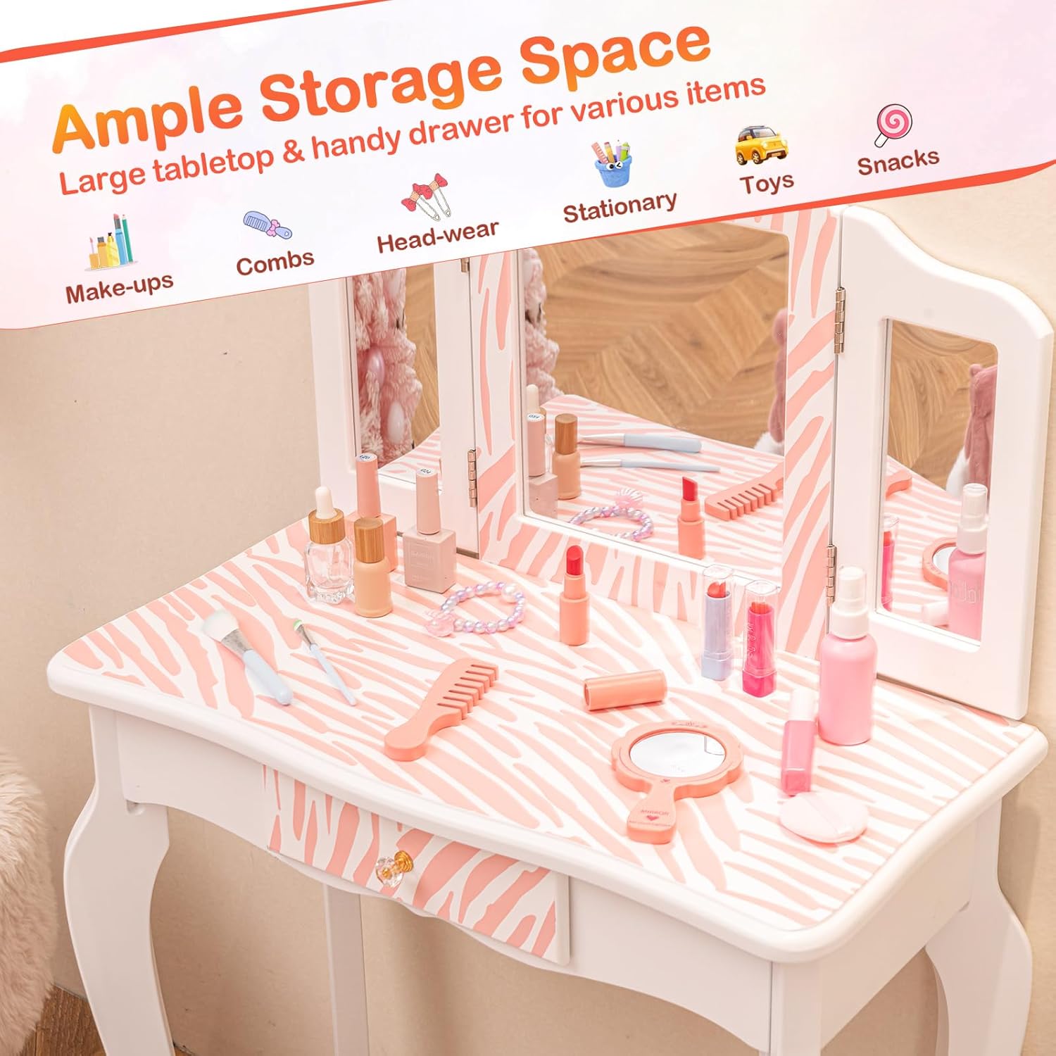 HONEY JOY Kids Vanity, Toddler Vanity Set with Tri-Folding Mirror and Stool, Children Makeup Vanity Dressing Table for Little Girls, Pretend Play Kids Vanity Table and Chair Set (Pink Zebra Print)