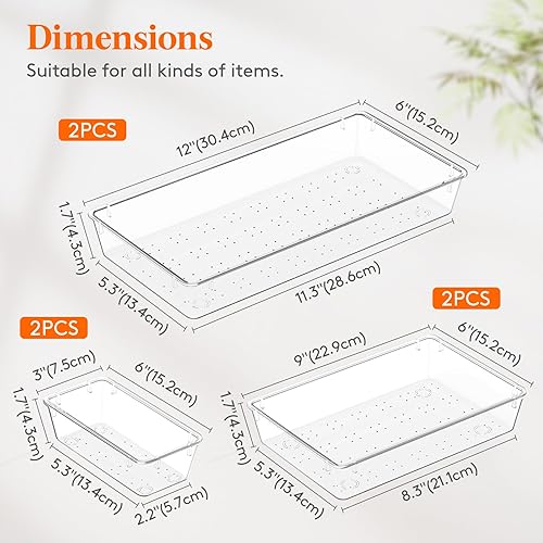 Miniatura 2 de Lifewit 6 organizadores grandes de cajones de baño, 3 tamaños, bandejas organizadoras de almacenamiento de plástico transparente para maquillaje,