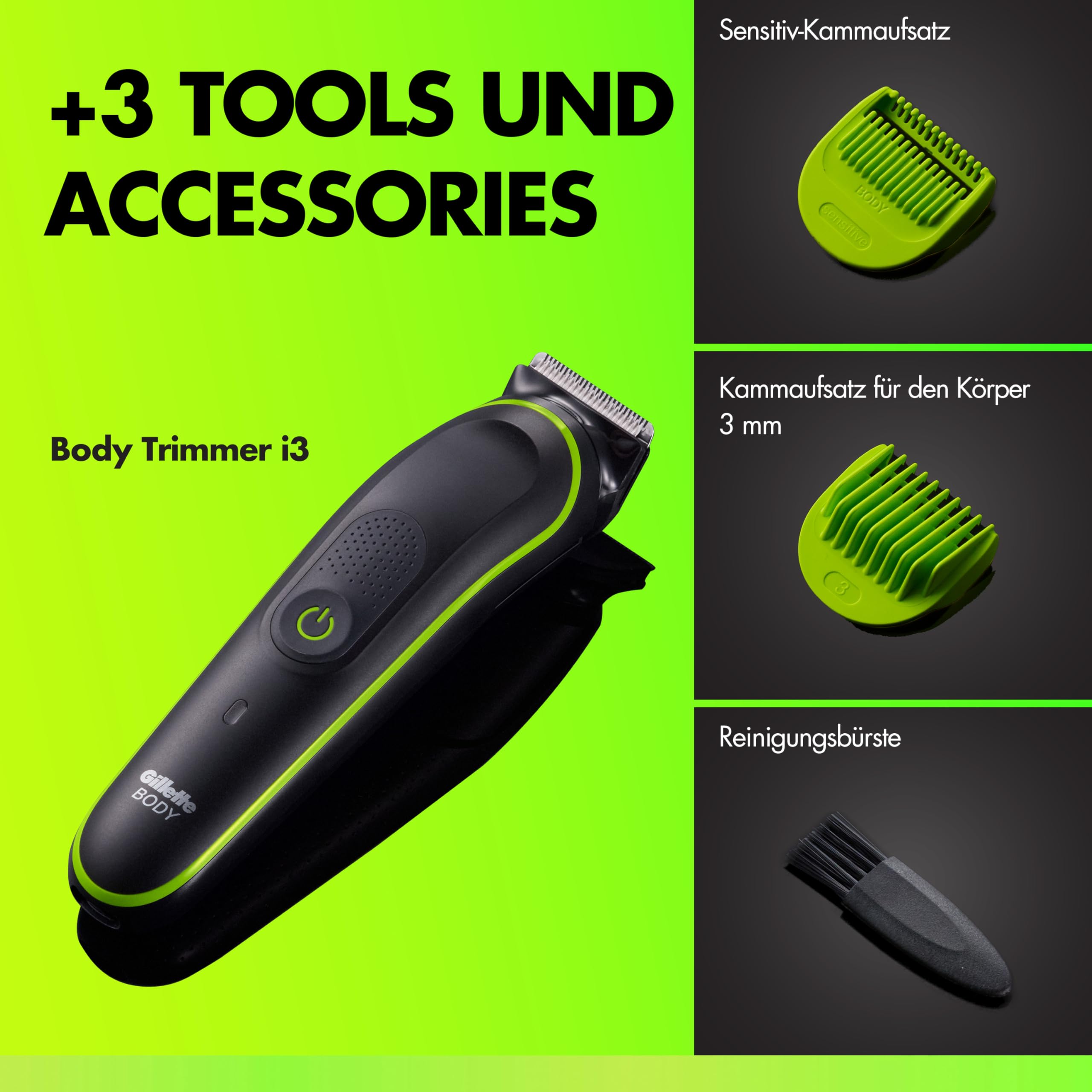 GilletteLabs i3 Body + Intimate Trimmer Herren mit SkinFirst-Technologie — Intimrasierer Mann für Körper & Intimbereich, Wasserdichte — Schwarz/Grün