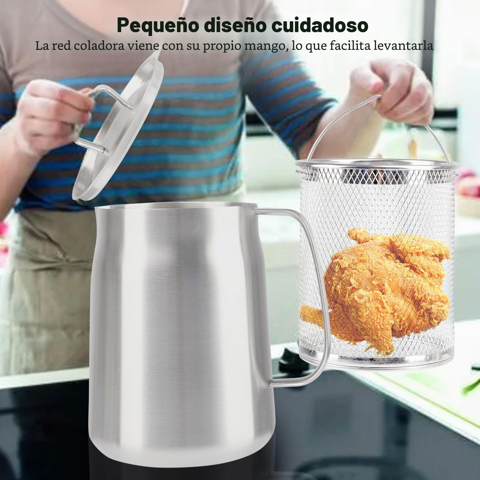 2L Olla Freidora con Filtro de Aceite, Filtro Aceite Cocina de Acero Inoxidable con Colador Fino y Grasera Aceite Usado, Colador-Aceite para Almacenamiento de Aceite Freír