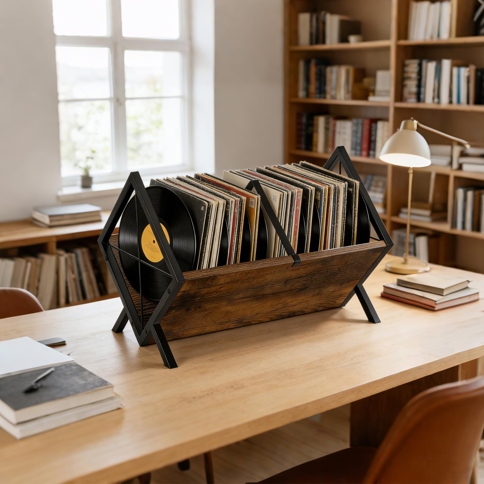 Contenitore per Dischi in Vinile per 80-100 LP, 40x35x35cm | Legno MDF e PVC, Per Vinili e Riviste, Divisori Regolabili, Coperchio Incluso, Nero