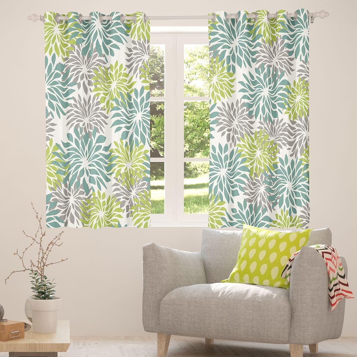 Abstract Floral Bedroom Curtains Modern Art Decorative Bookshelf Window Drapes for Kids Exotic Bohemian Blackout Drapes Window Treatments Grommet Top 52Wx90L Inch 2 Panel Set,Grey Green Blue