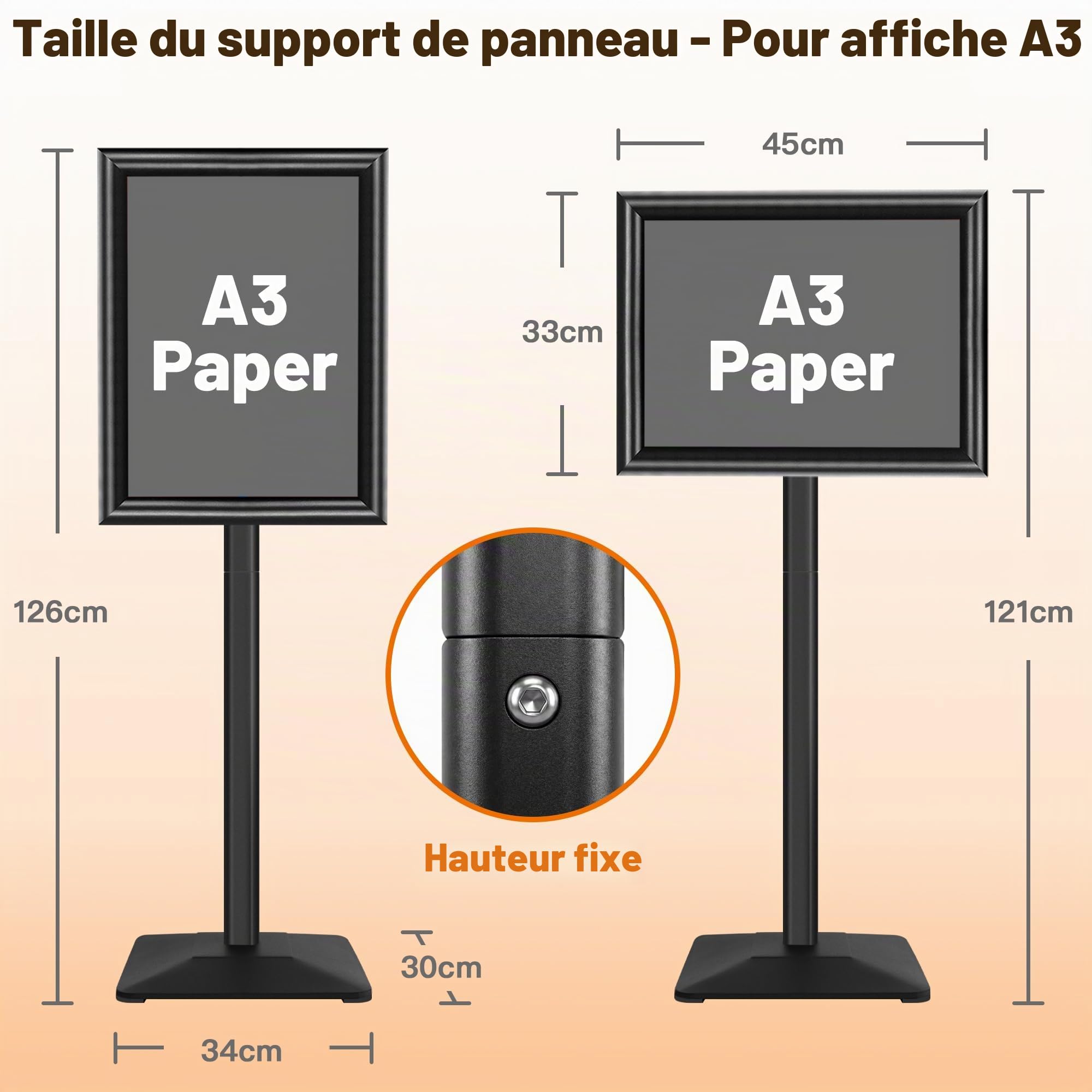Porte-affiche en aluminium réglable, panneau d'affichage et présentoir au sol,présentoir publicitaire remplaçable, vec base en métal robuste（Noir, A3