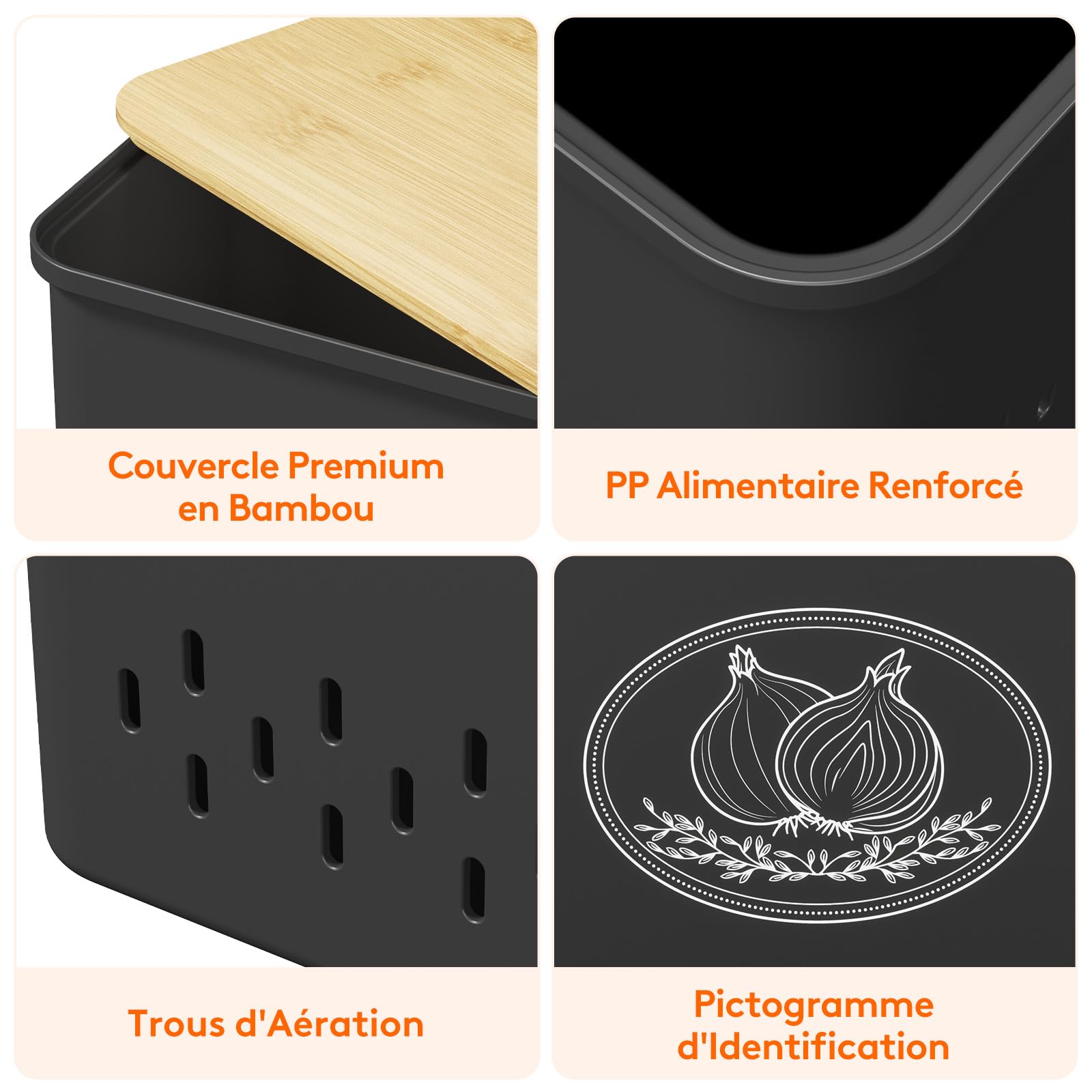 Lifewit Rangement Pomme de Terre, Grande Boite Oignons avec Couvercle et Des Trous de Ventilation, Boîtes de Legumes Rangement Cuisine en Plastique Empilables, 24 cm(H), Noir, 3 Pièces