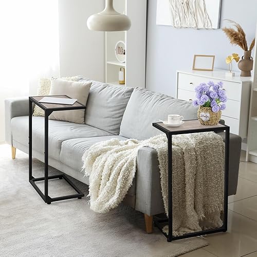 Miniatura 2 de Juego de 2 mesas auxiliares en forma de C, mesas C para sofá, mesa auxiliar de aperitivos para sofá, mesas de sofá que se deslizan debajo, mesa