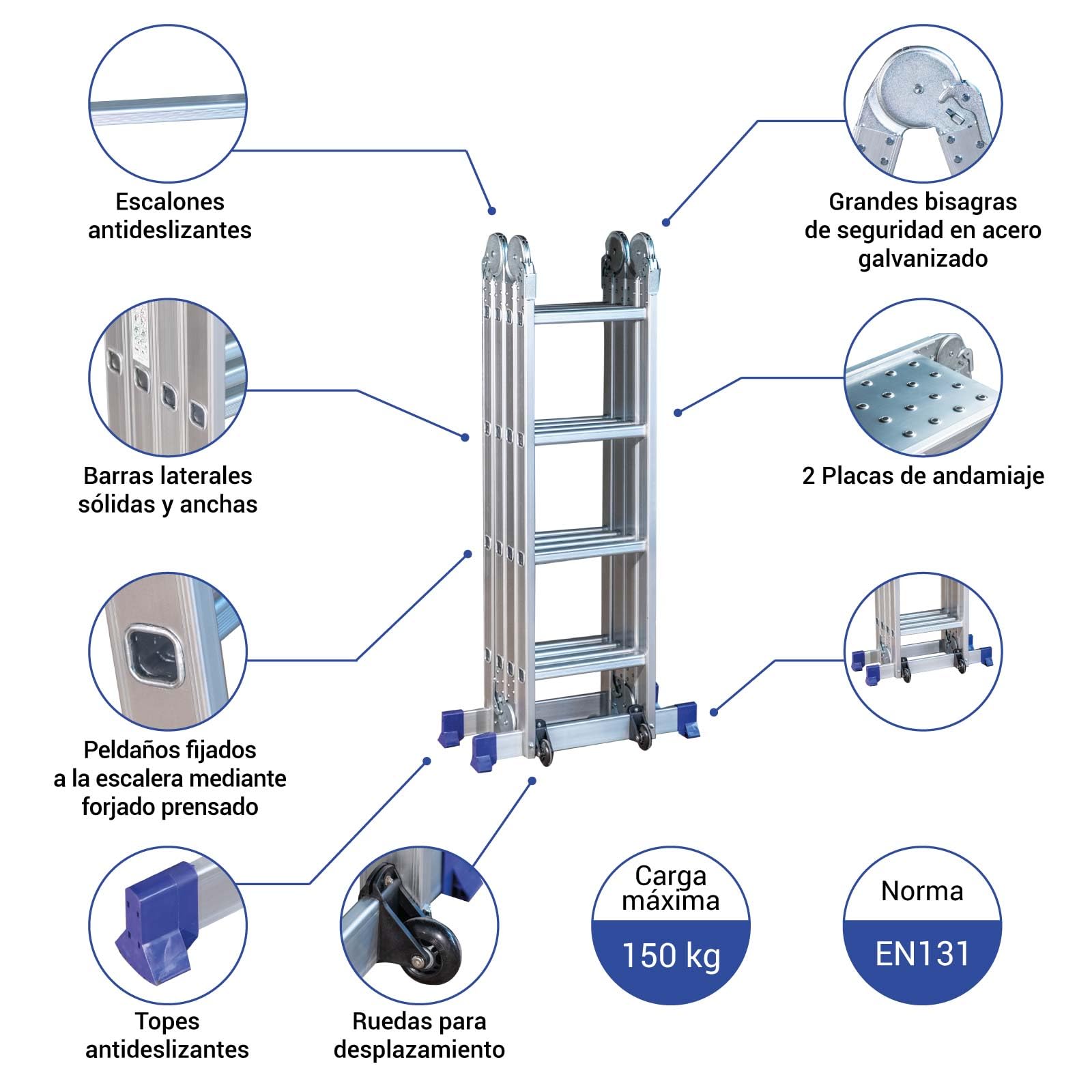 HOSTRÖM Escalera plegable articulada STAVALANCE 4x4 peldaños, andamio multifunción, escalera de tijera, 2 placas de plataforma de trabajo, garantía de 5 años