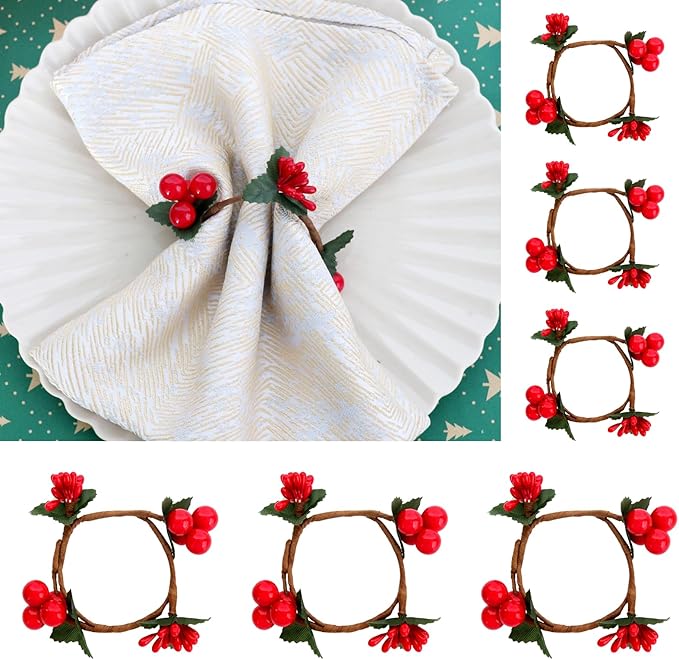 SZGTCLDM Christmas Napkin Rings Set of 6 Handmade with Red
