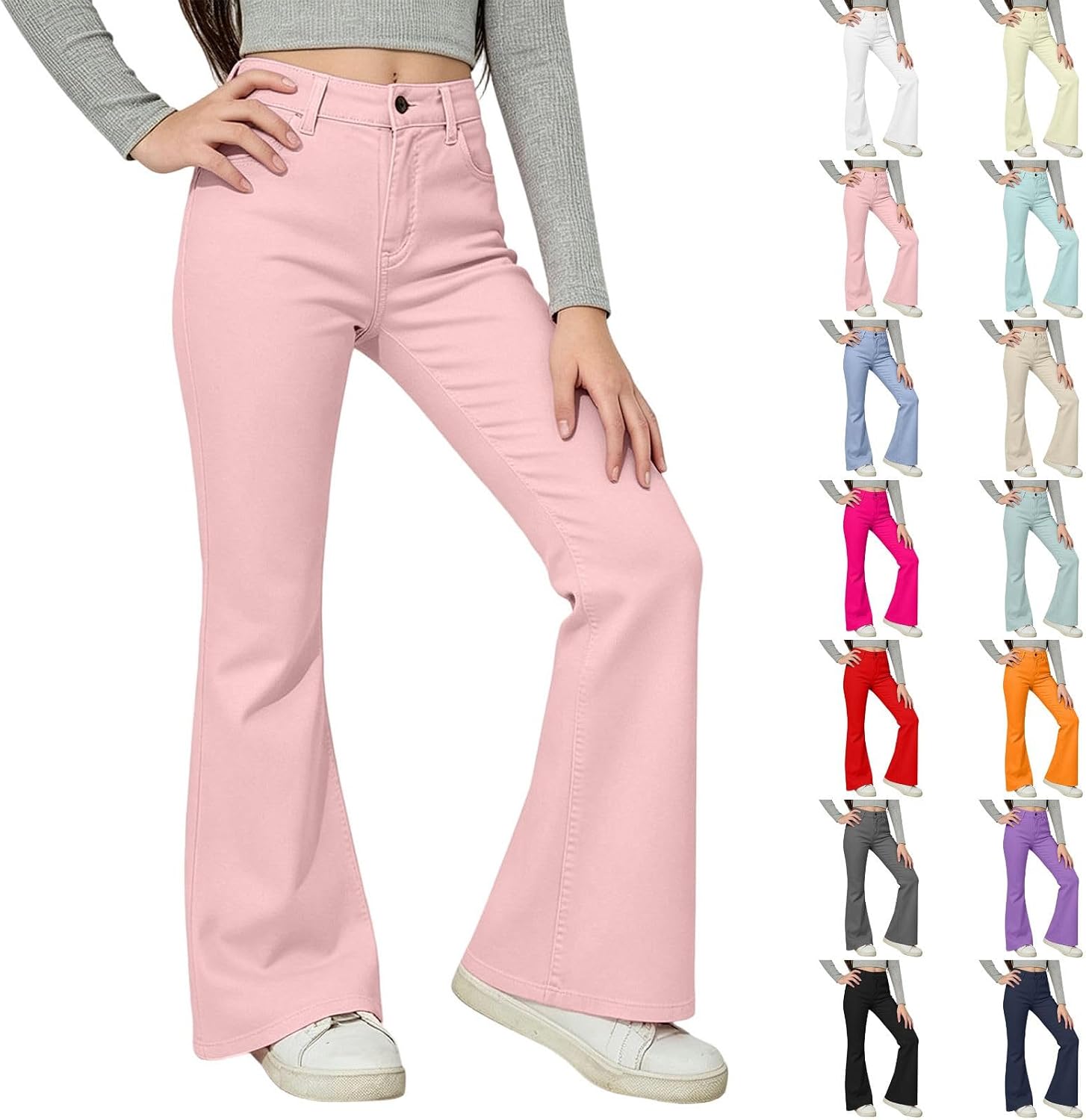 School Uniform Pants for Girls Flare High Elastic Dress Trousers 6-15 Years