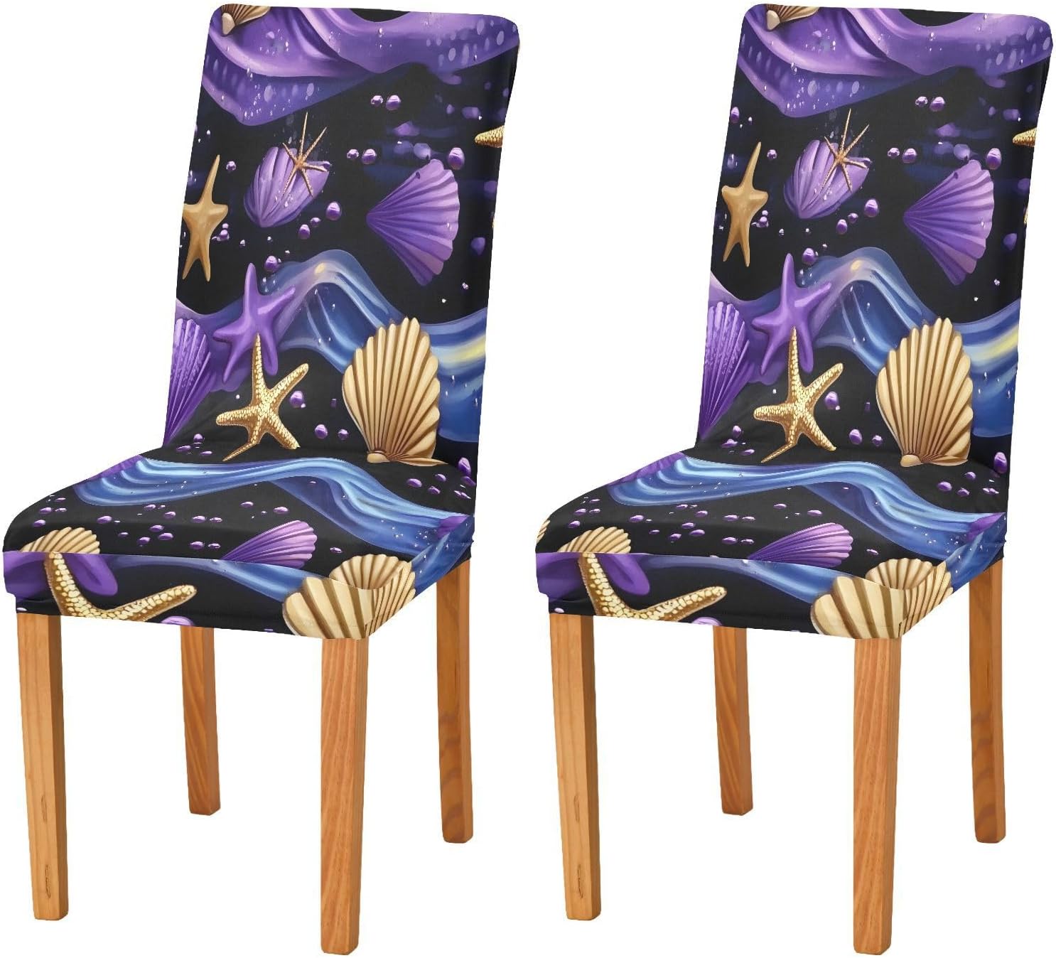 ALAZA Chair Covers for Dining Room, Wave Starfish Seashell Pattern Stretch Chair Cover Sets Chair Protector Removable Washable for Ktichen Restaurant Hotel