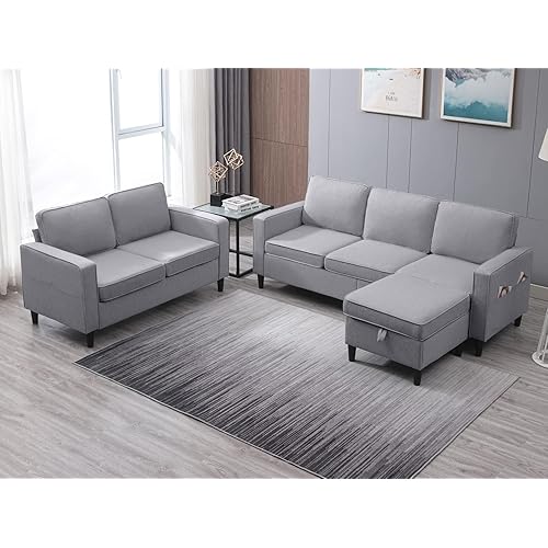 ijuicy 2PCS Sectional Sofa Set w/Ottoman,Modern Linen 5 Seater Couch Set with Movable Storage Ottoman & Side Pockets,3 Seat L Shaped Couch and Loveseat Living Room Furniture Sets (3+2 /Light Gray)