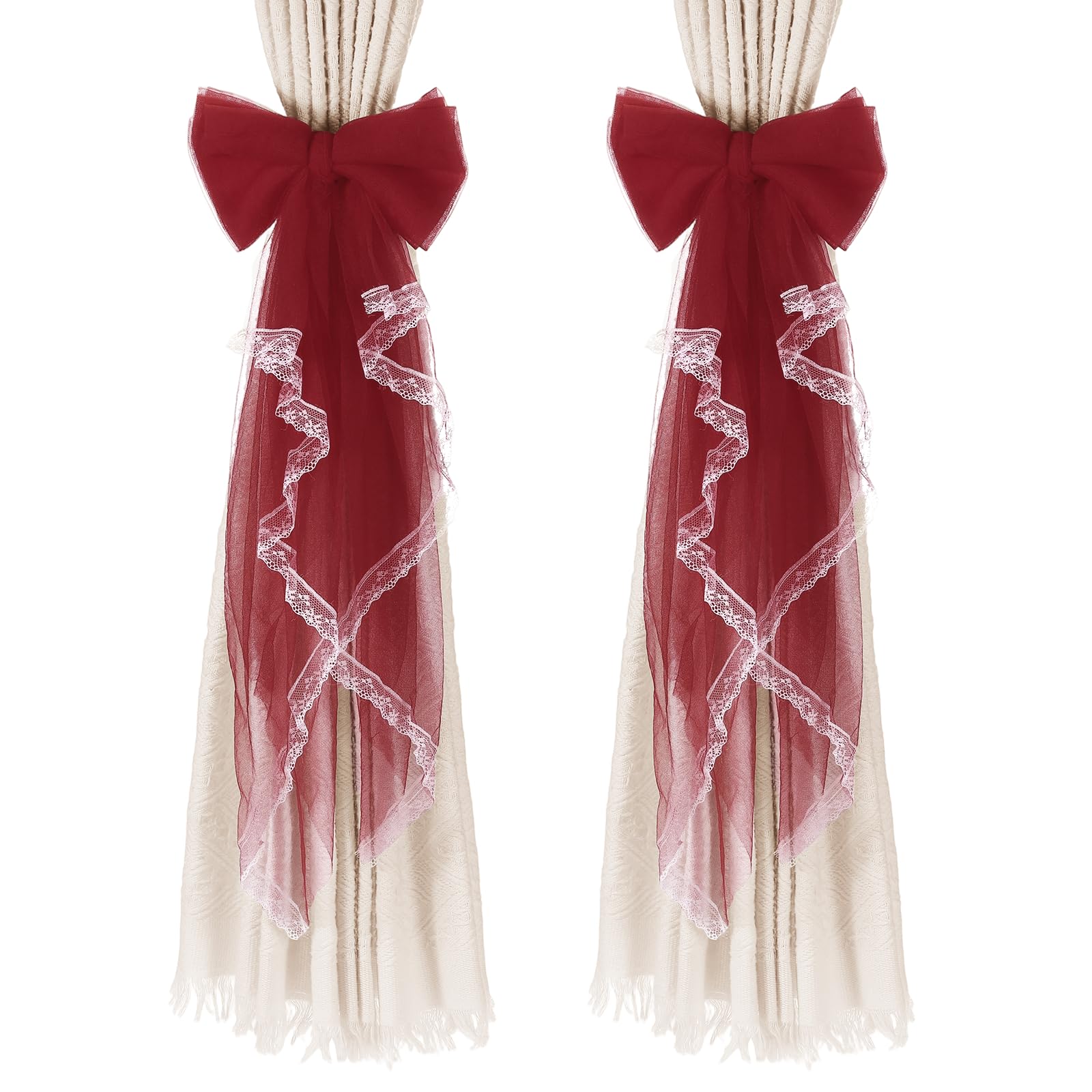 sourcing map 2 Pack BowKnot Curtain Tiebacks, Lace Bow Curtain Tiebacks Drape Holder Elegant Decorative Tie Backs French Bow Decorative Rope Accessories for Home Office Decorative, Burgundy