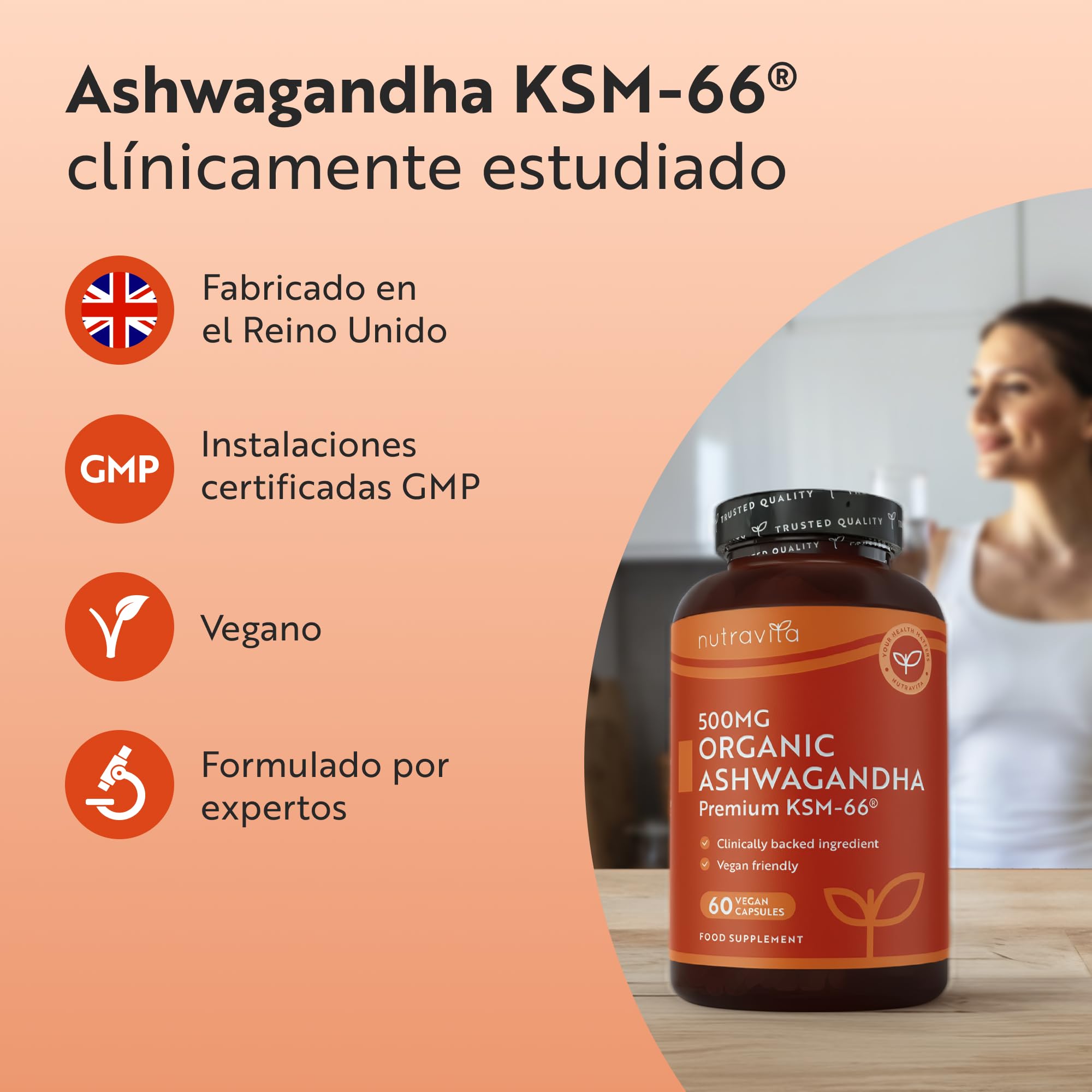 Nutravita Ashwagandha Orgánica 500mg - KSM-66® Sin Excipiente. 100% Natural Cápsula Vegana de Ashwagandha - Suplemento adaptógeno Ayurveda Ginseng Indio (Withania Somnifera) Antiflamatorio natural