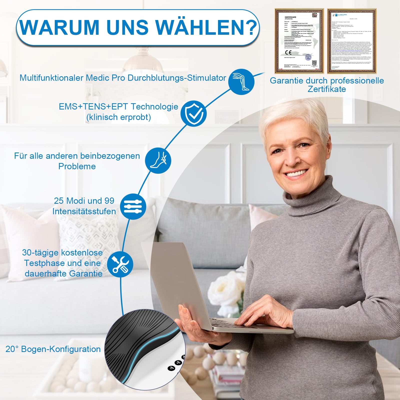Creliver Medic Pro Durchblutungsstimulator Füße Beine, TENS & EMS Fußmassagegerät, Reduziert Fuß- und Beinschmerzen sowie Schwellungen, Verbessert die Durchblutung