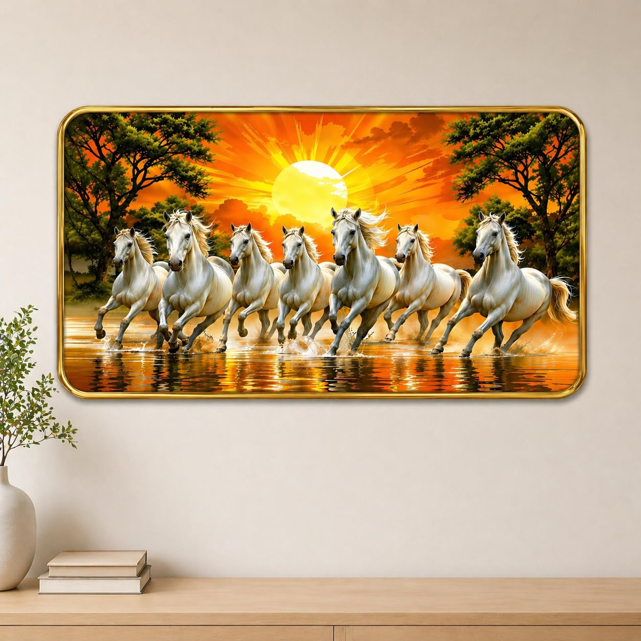 BerryBox 7 Running White Horses Vastu Painting with Golden Border 11x17 Inch | Auspicious White Horse Wall Art Frame for Living Room Bedroom Office | Running 7 Horses Success Wealth Vastu Artwork Home Decor-image-10